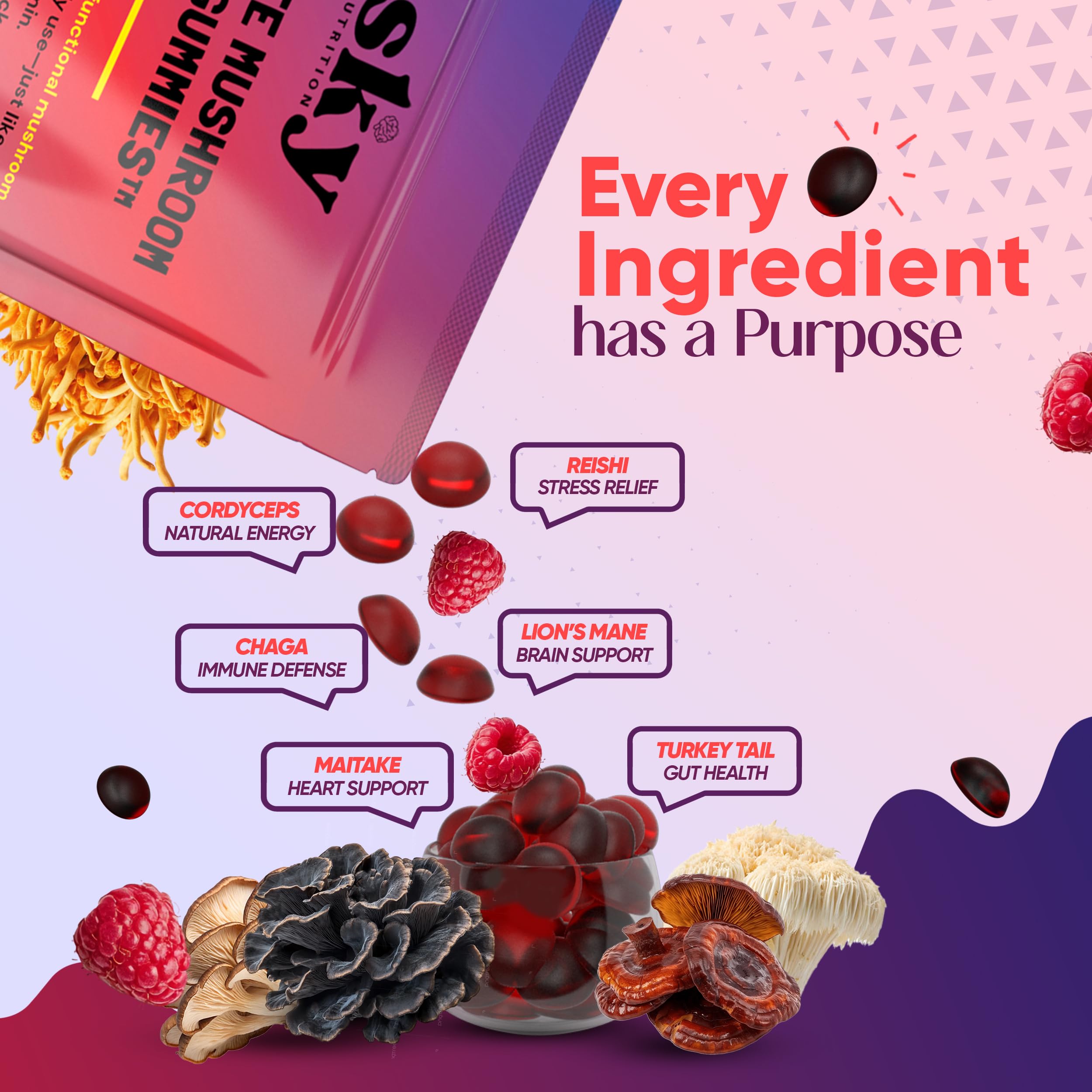 SKY NUTRITION Mushroom Gummies - 10-in-1 Focus & Brain Support, Raspberry Flavor, 60 Vegan Gummies