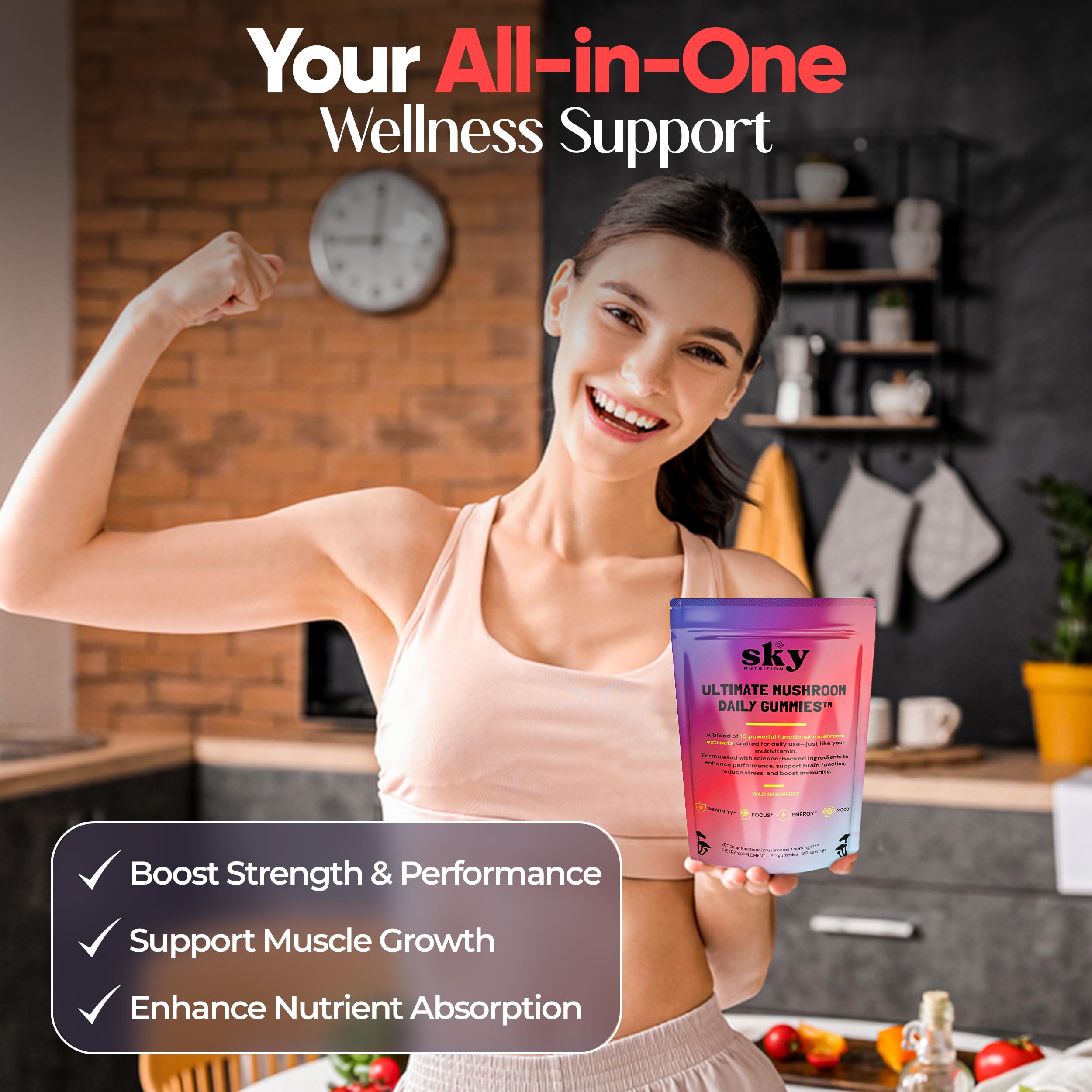 SKY NUTRITION Mushroom Gummies - 10-in-1 Focus & Brain Support, Raspberry Flavor, 60 Vegan Gummies