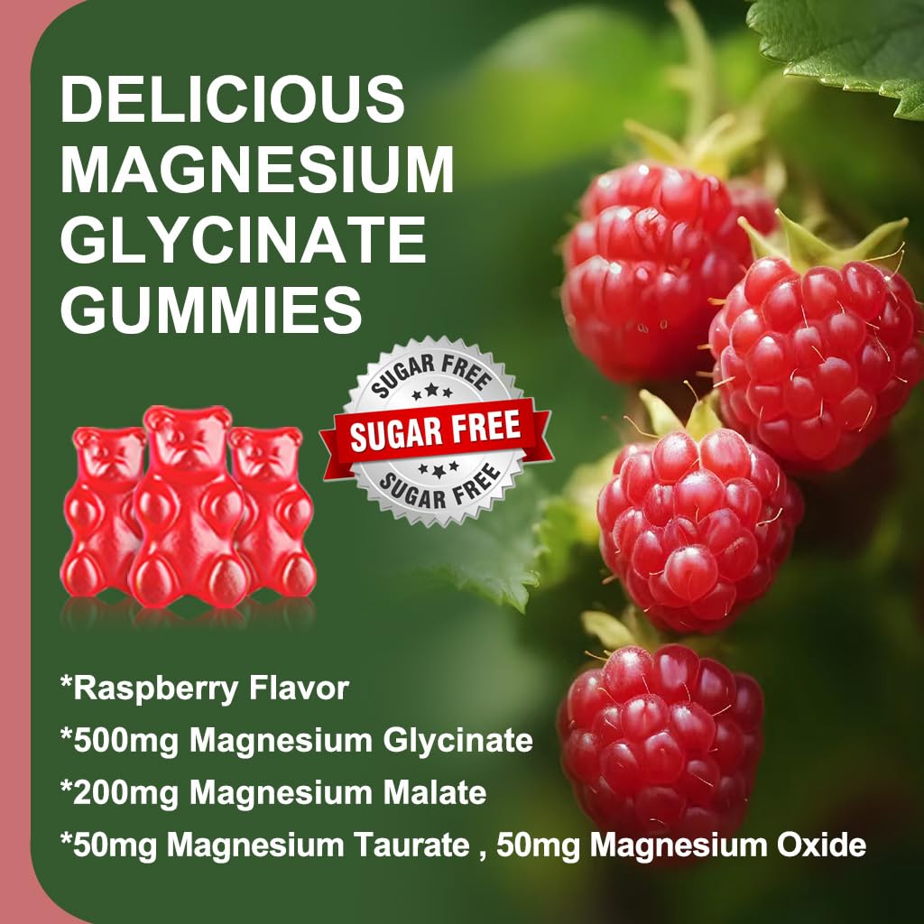 2 Pack Sugar Free Magnesium Glycinate Gummies – 500mg Mg Glycinate + 200mg Mg Malate, Sleep & Calm – 120 Raspberry