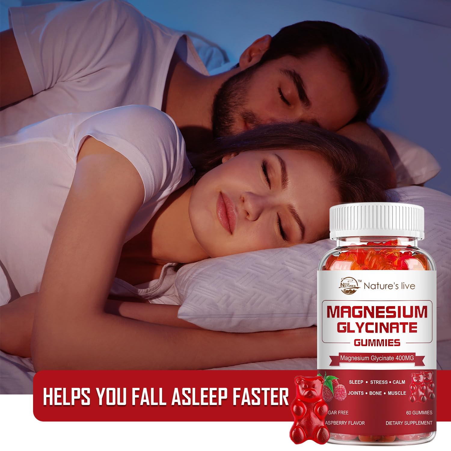 Magnesium Glycinate Gummies 400mg + L-Threonate 200mg – Potassium Magnesium Calm Mood & Sleep Gummies, 2 Pack, Raspberry