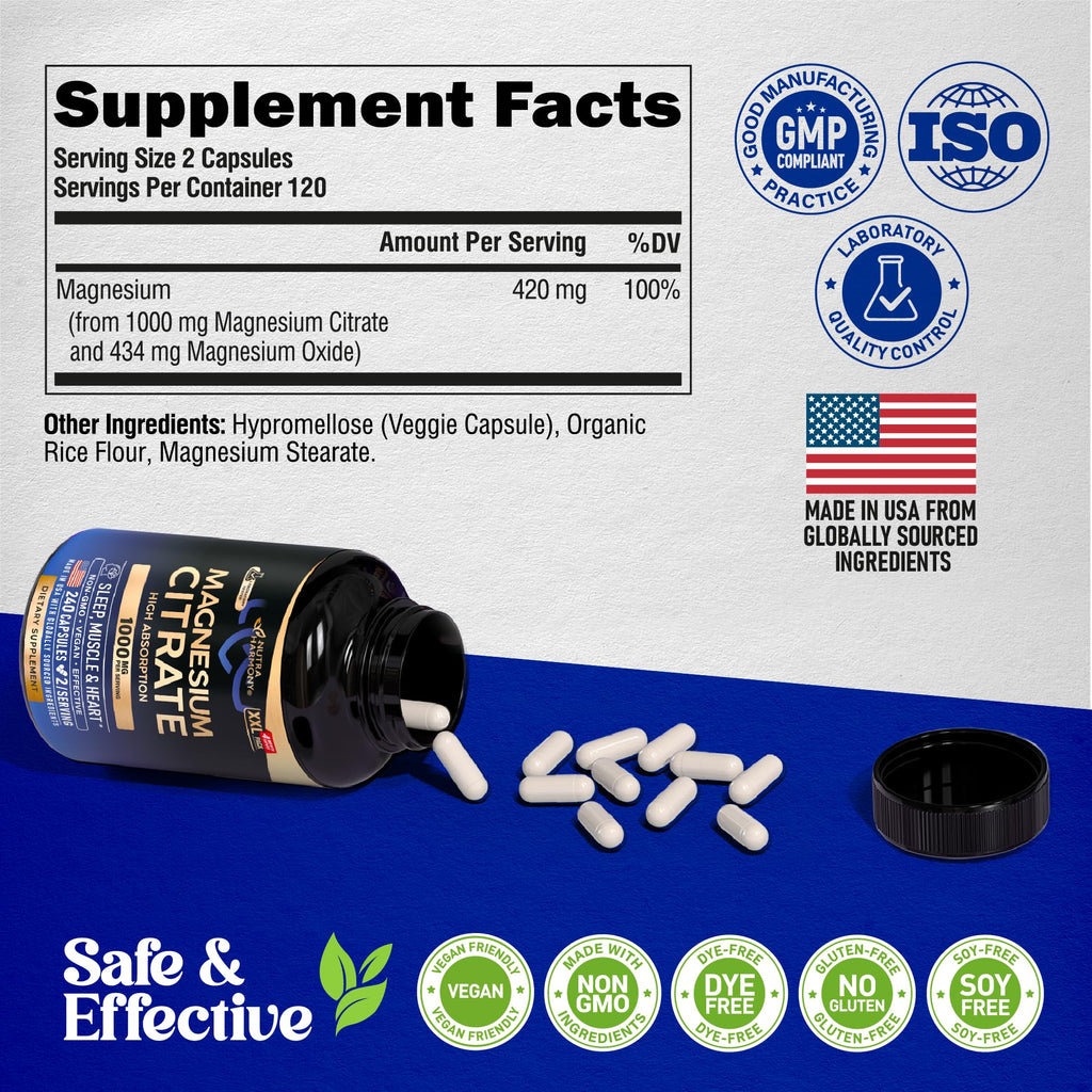 Magnesium Citrate Capsules 1000mg - High Absorption | Sleep, Muscle & Heart Support - Vegan, Non-GMO - Made in USA - 240 Capsules