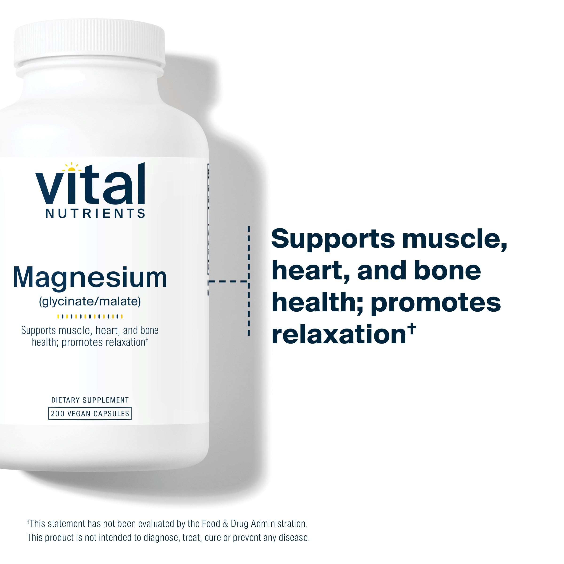 Vital Nutrients Magnesium Glycinate + Malate 120mg | Vegan Magnesium Supplement for Relaxation | 200 Capsules