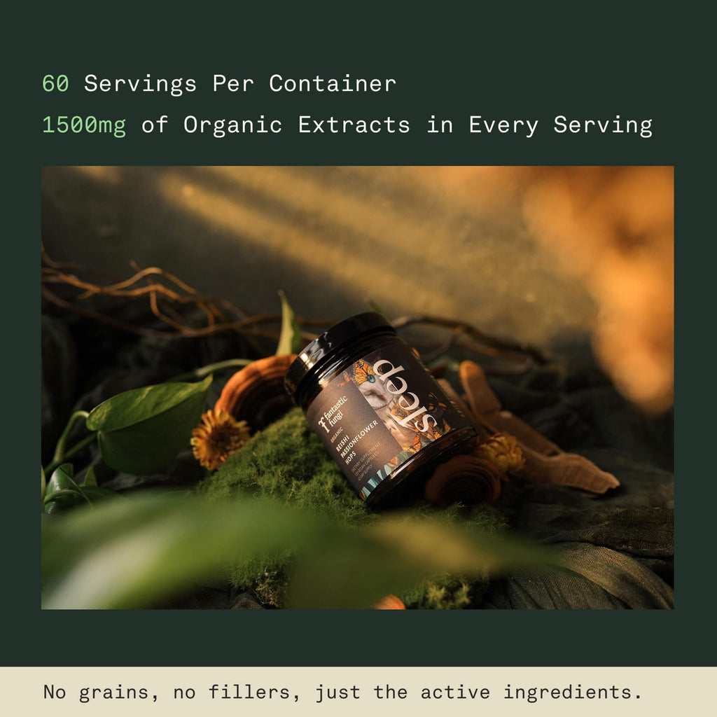 Mushroom Sleep Supplement — Reishi, Passionflower & Hops | 100% USDA Organic, Vegan, 120 Caps