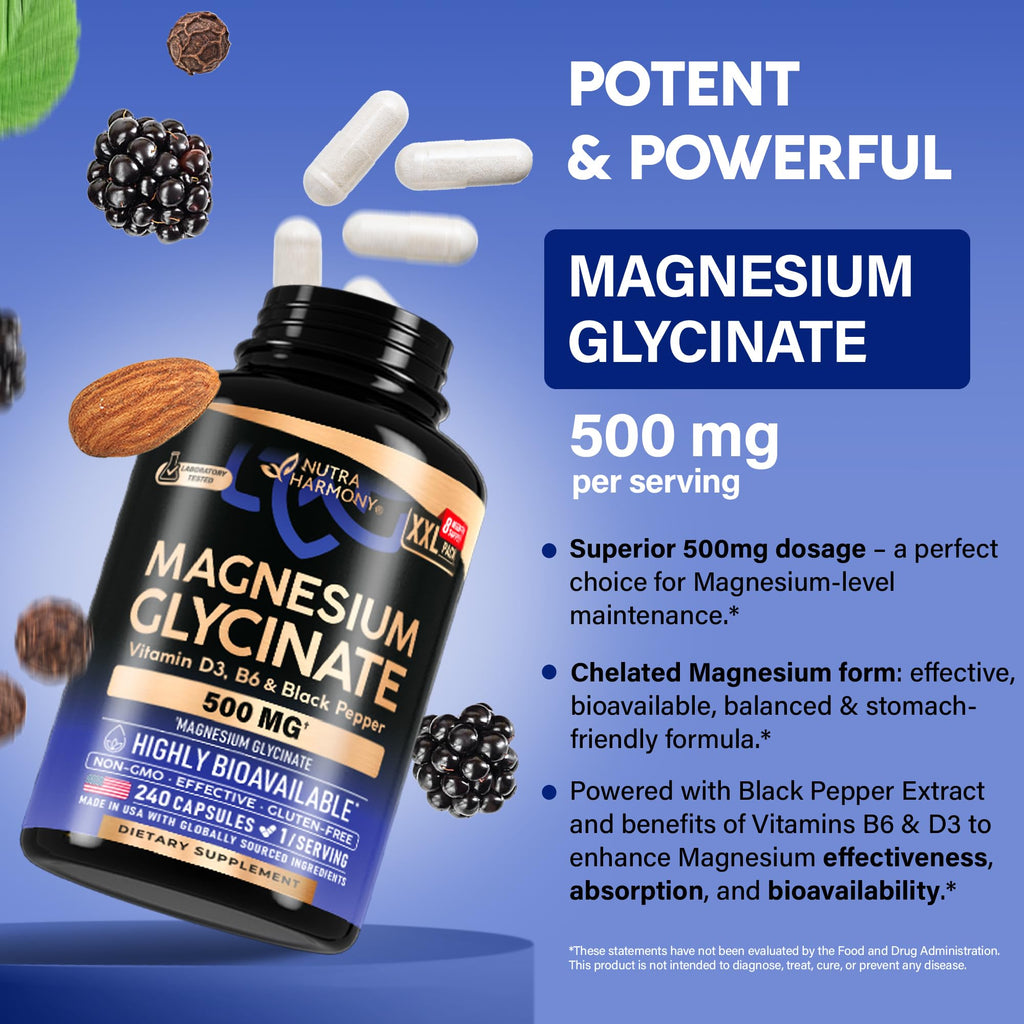 Magnesium Glycinate 500 mg – 98% Absorption | Sleep, Muscles & Heart Health | USA Made