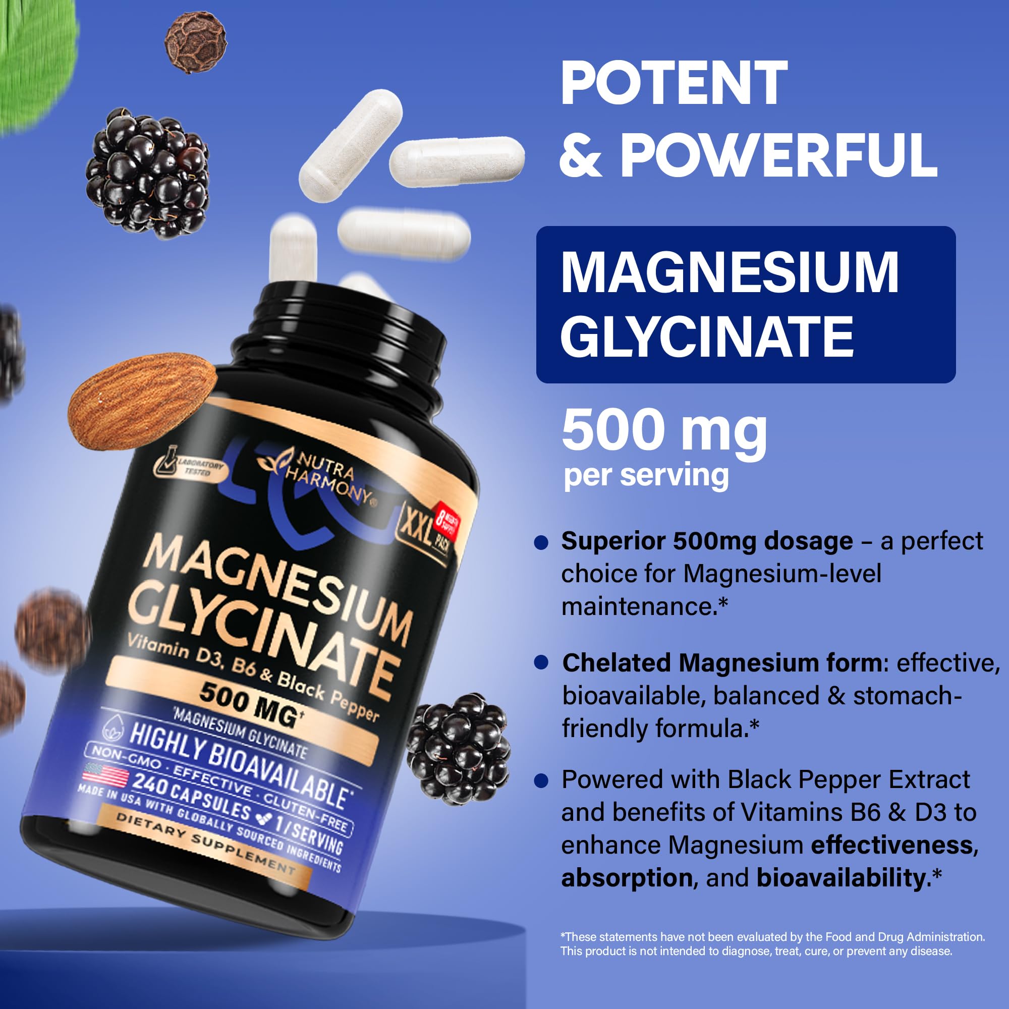 Magnesium Glycinate 500 mg – 98% Absorption | Sleep, Muscles & Heart Health | USA Made