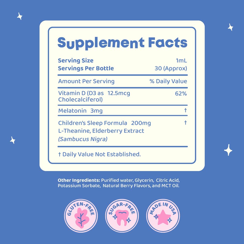 SleepBerry Kids Liquid Melatonin – Natural Sleep Aid with Elderberry & Vitamin D (1 fl oz)