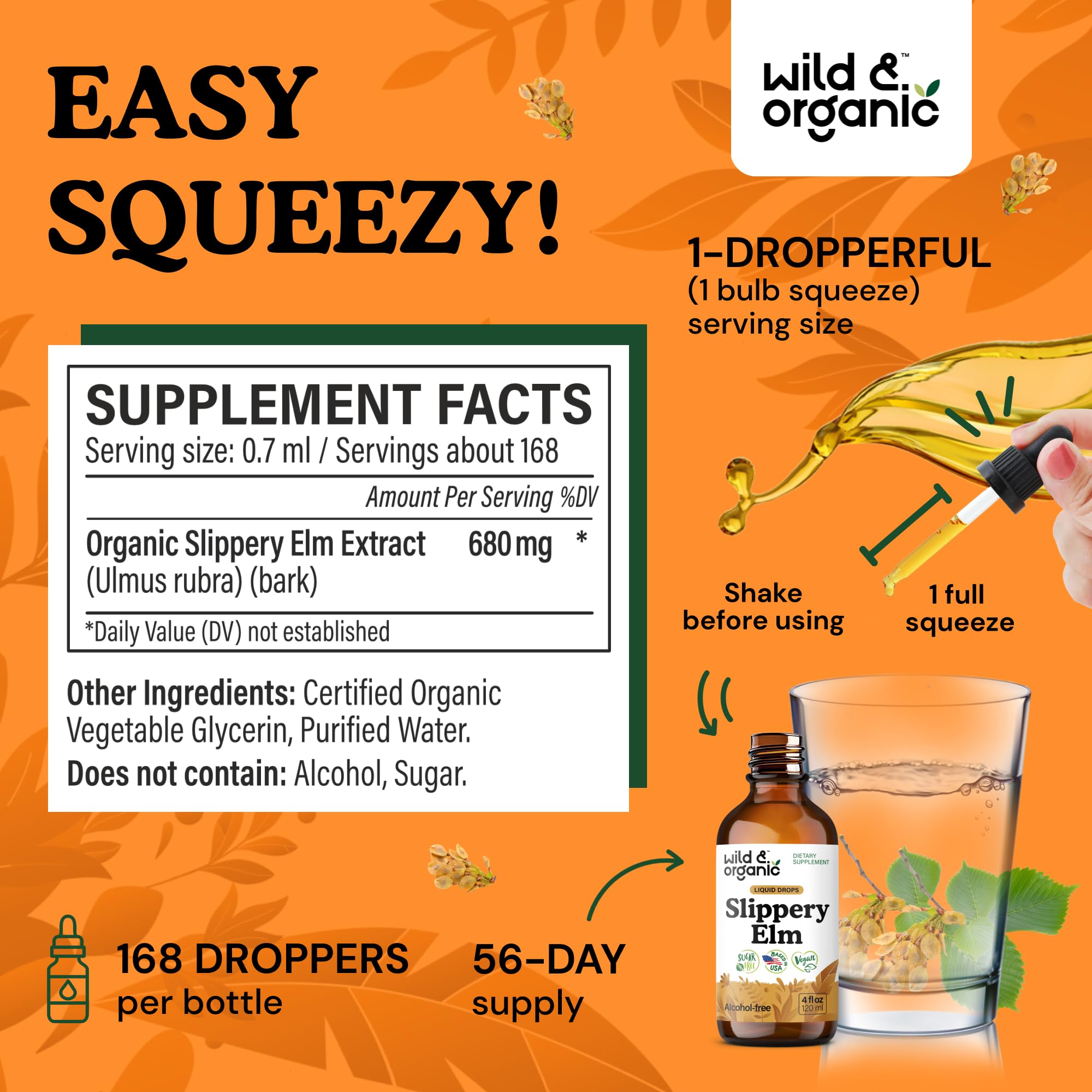 Wild & Organic Slippery Elm Liquid Drops - Lung, Digestive & Women's Support - Slippery Elm Bark Extract Tincture - Ulmus Rubra Supplement - Vegan, Sugar & Alcohol-Free - 4 fl oz