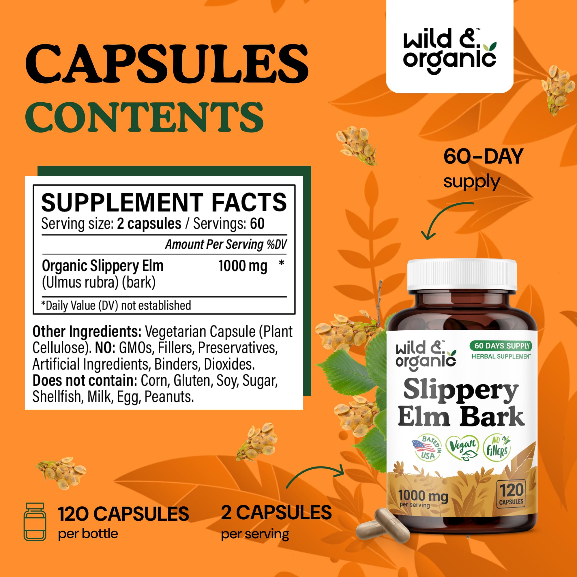 Wild & Organic Slippery Elm Bark Capsules 1000 mg – 120 Count | Digestive, Lung & Women's Support | Vegan, Non-GMO