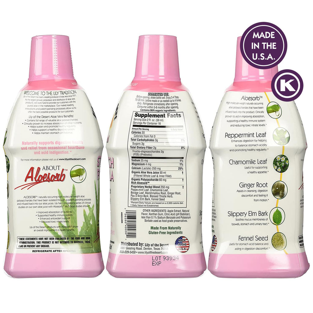 Lily Of The Desert Stomach Formula - Organic Aloe Vera Juice for Gut Health & Heartburn Relief - 32 oz