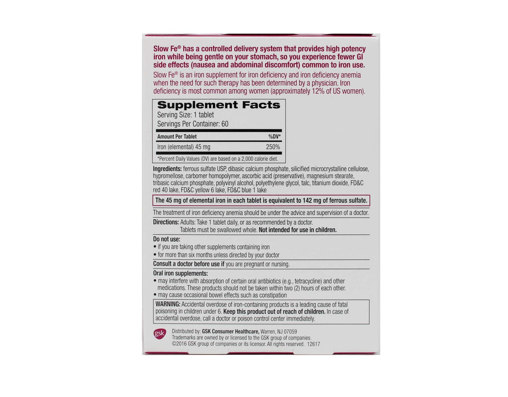 Slow Fe High Potency Iron 45 mg, Slow Release – 60 Tablets (Pack of 2) | Iron Supplement