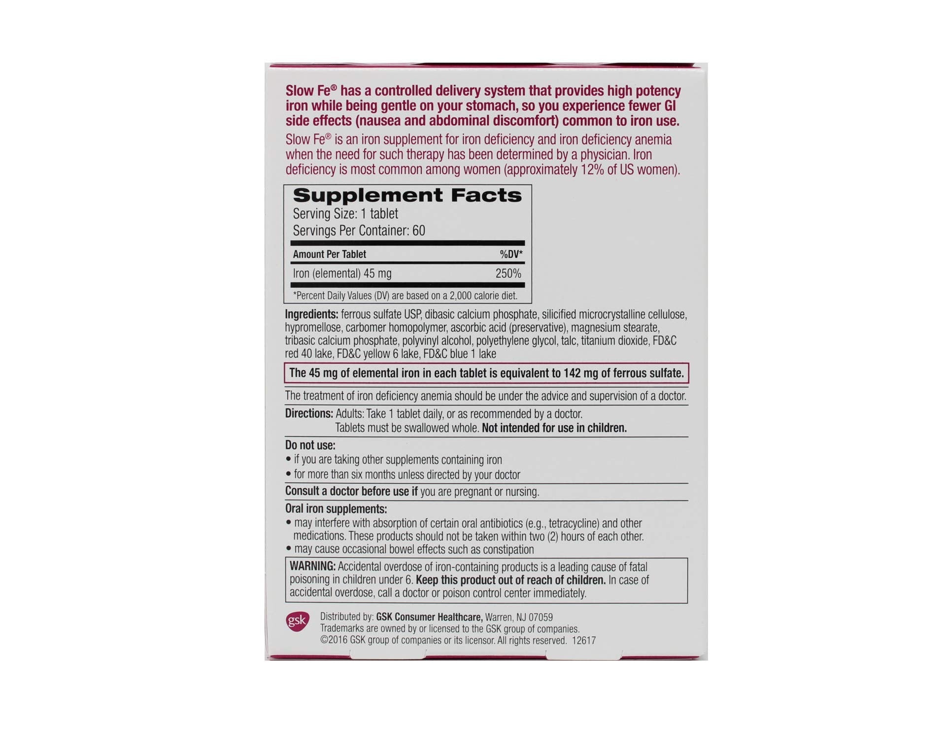 Slow Fe High Potency Iron 45 mg, Slow Release – 60 Tablets (Pack of 2) | Iron Supplement