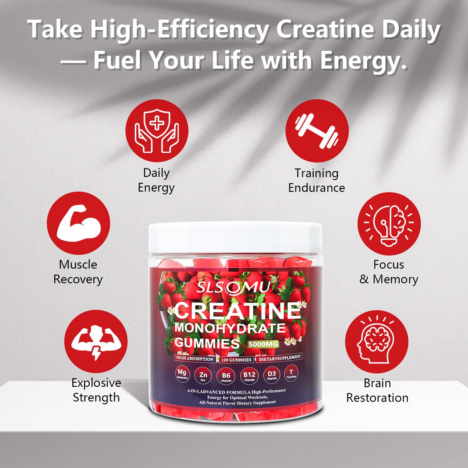 Slsomu Creatine Monohydrate Gummies 5000mg – Strawberry, 120 Gummies | Vegan Pre-Workout