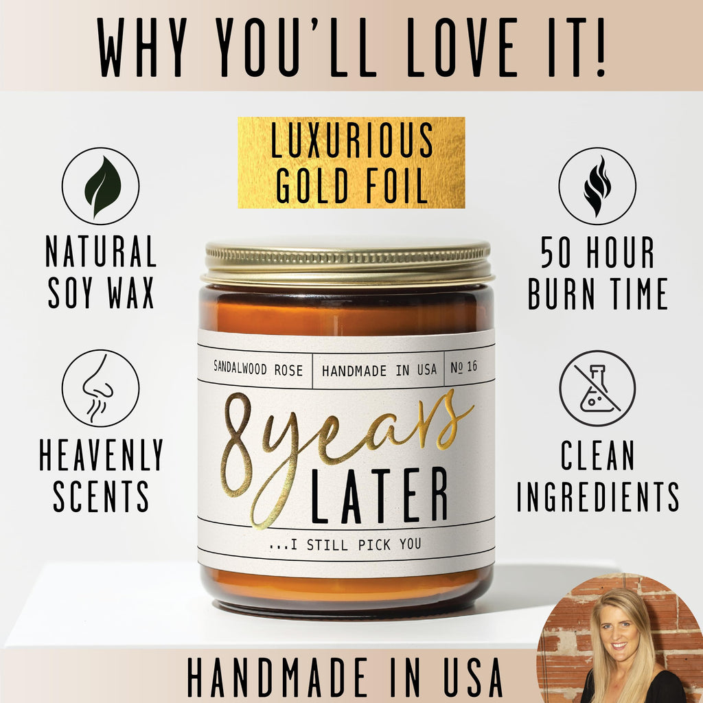 8 Year Anniversary Gift for Her – 8 Years Later Soy Candle (Sandalwood Rose) | USA Made