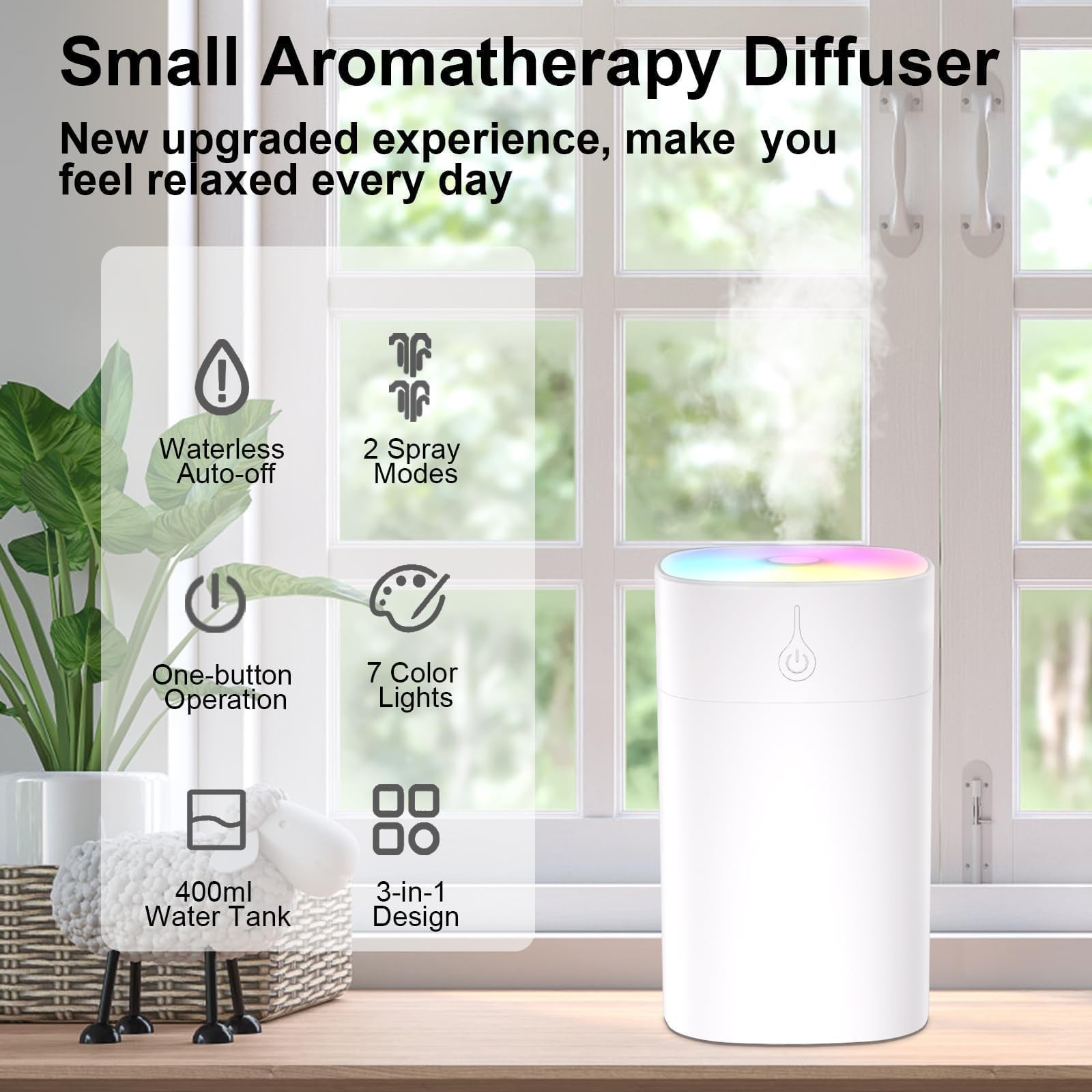 Small Diffuser 400ml – 2-in-1 Desk Humidifier & Aroma Diffuser with Auto-Off