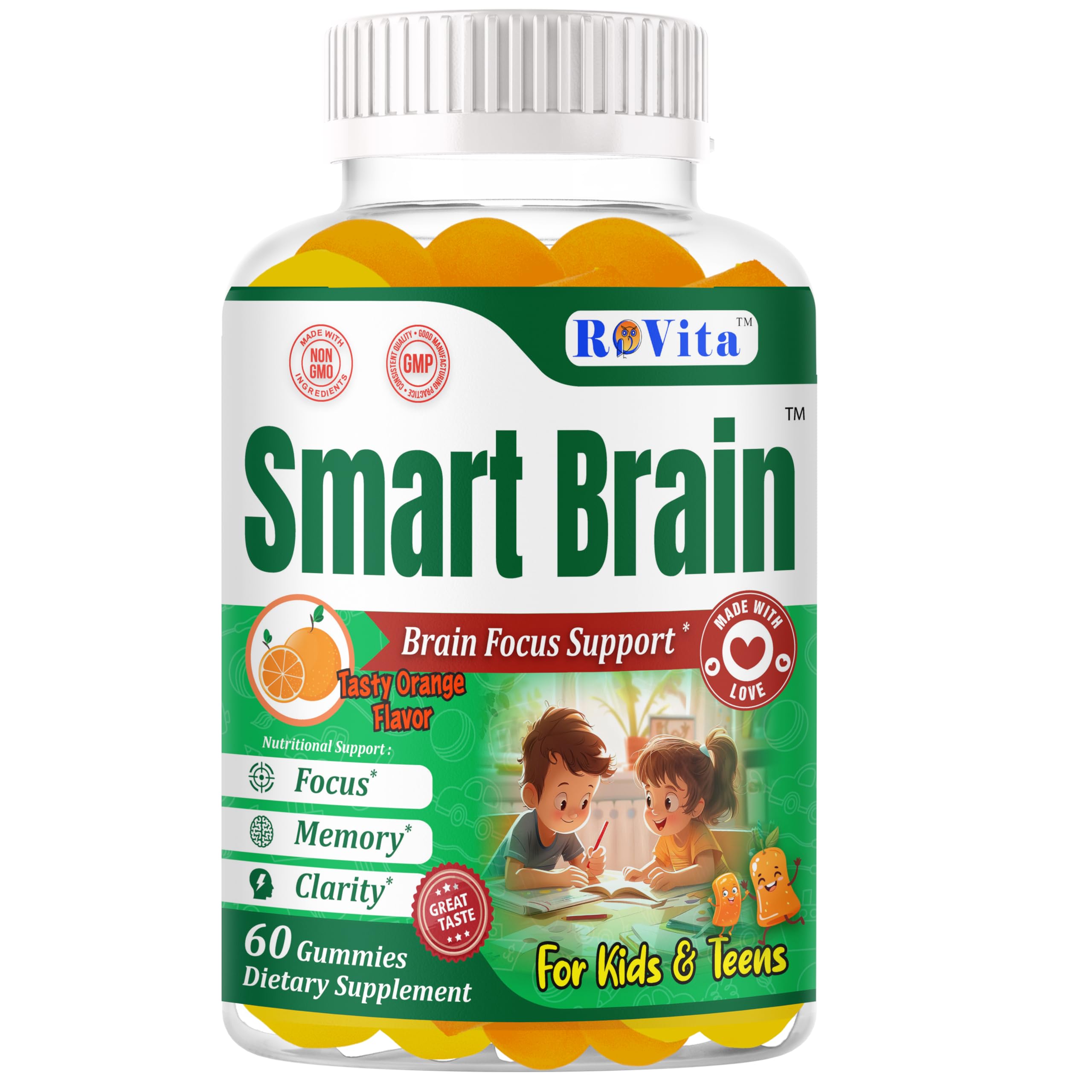 Smart Brain Focus Gummies for Kids & Teens – Plant-Based Omega-3 DHA, Non-GMO (60 Count)