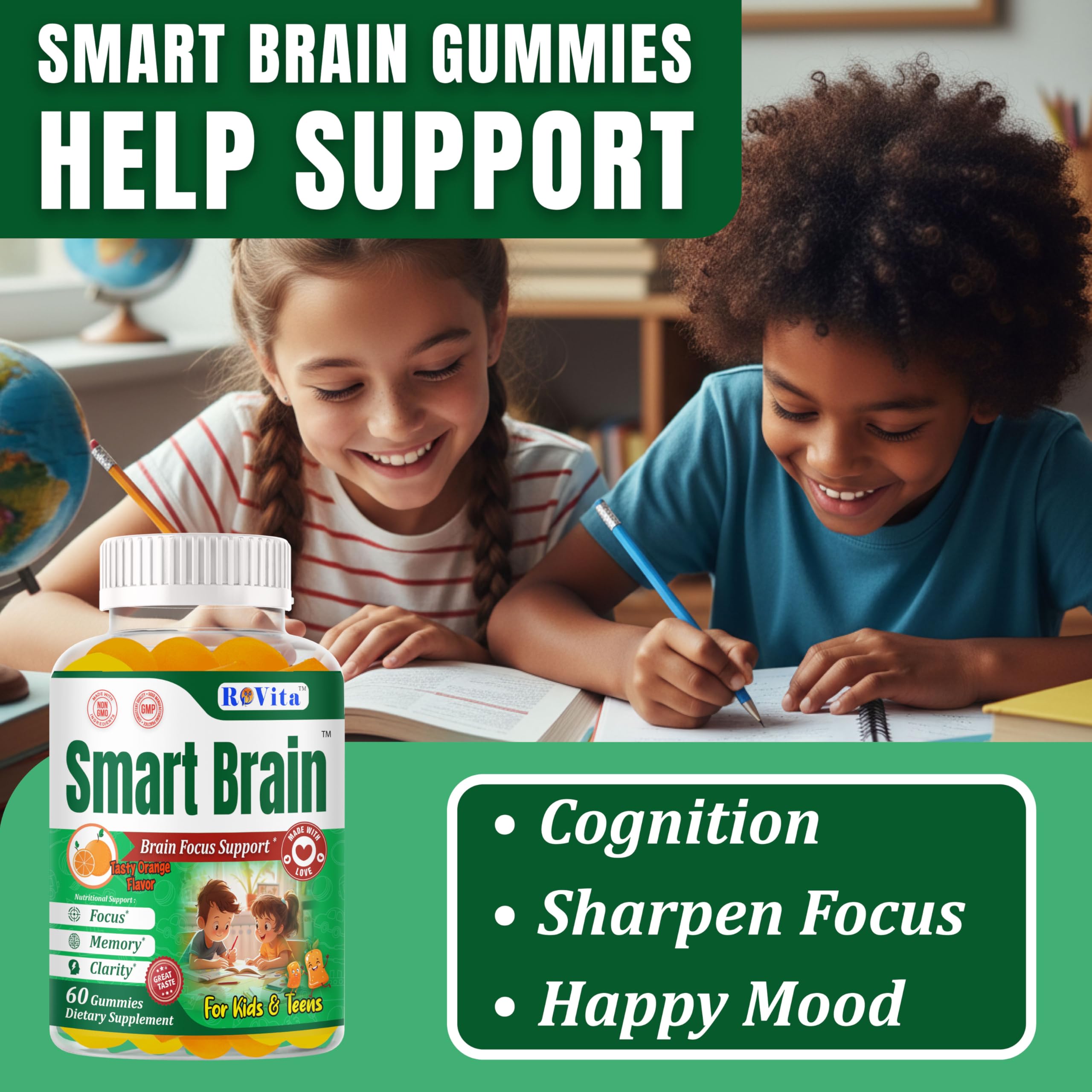 Smart Brain Focus Gummies for Kids & Teens – Plant-Based Omega-3 DHA, Non-GMO (60 Count)