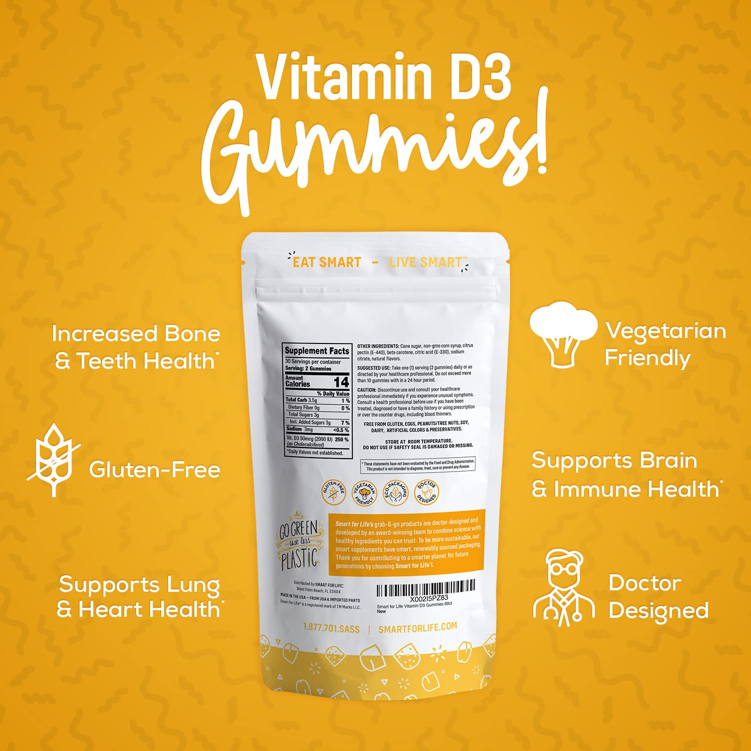 Smart for Life Vitamin D3 Gummies - High Absorption Vitamin D3 for Immune Support & Bone Strength - 60 Count