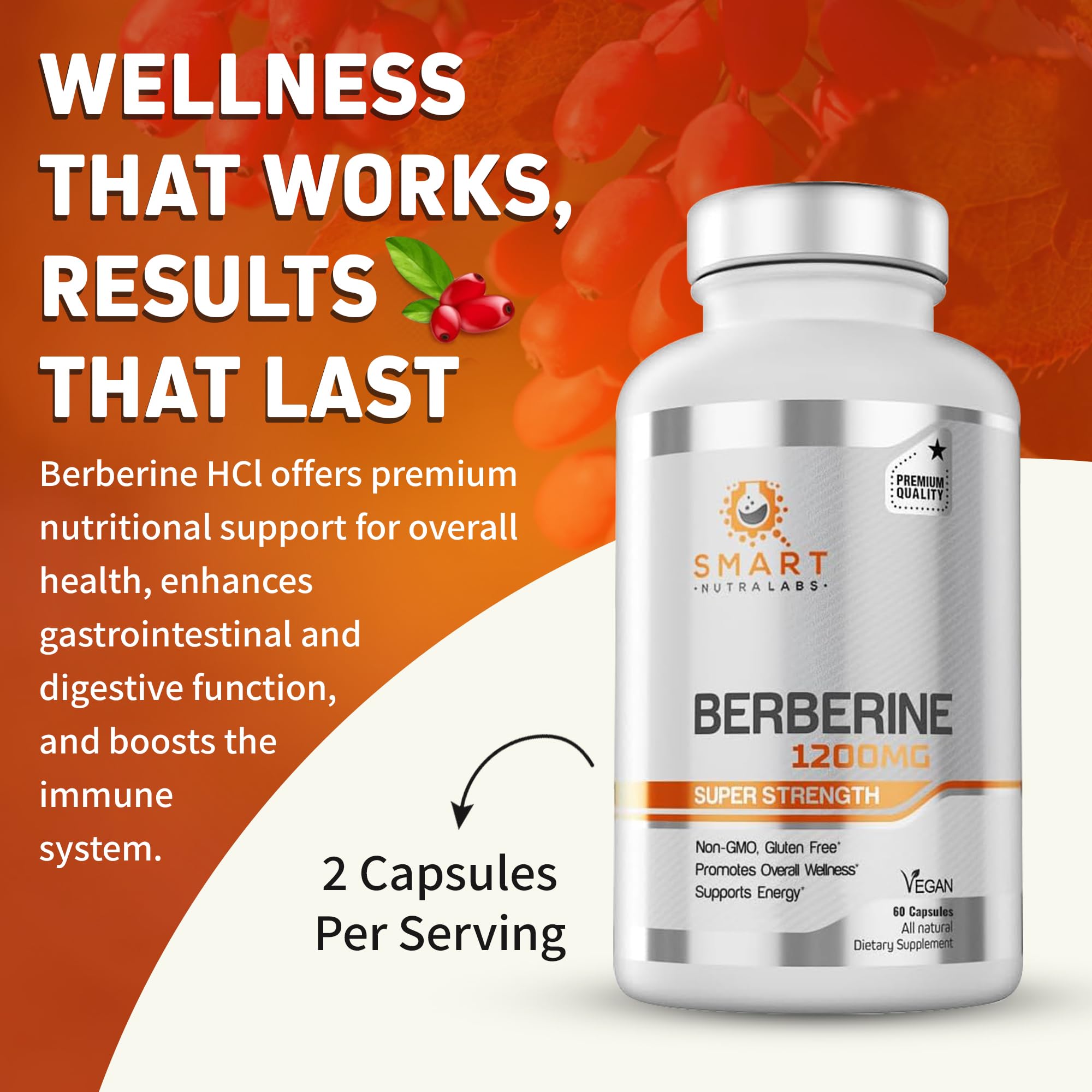 Smart Nutra Labs Berberine HCL 1200mg - 60 Vegan Capsules | Non-GMO, Gluten Free
