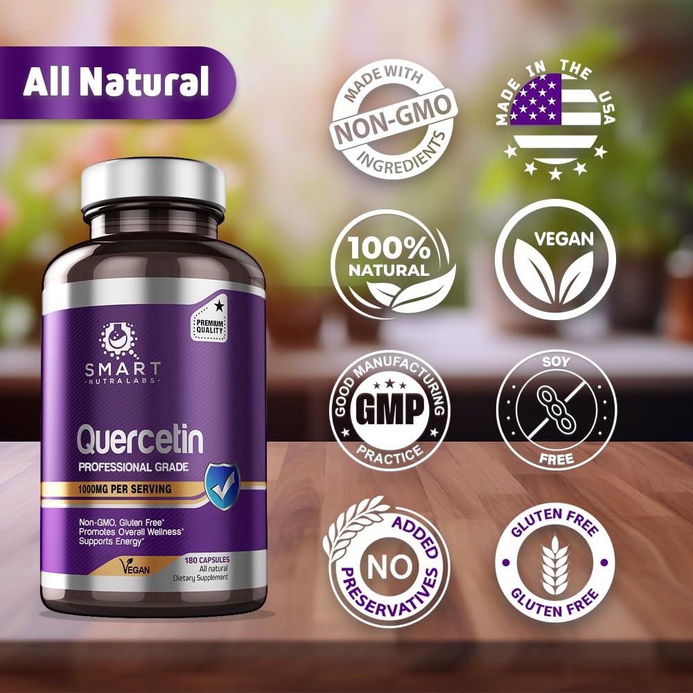 Smart Nutra Labs Quercetin 1000mg – 180 Vegan Capsules, Non-GMO, Gluten Free, Third-Party Tested