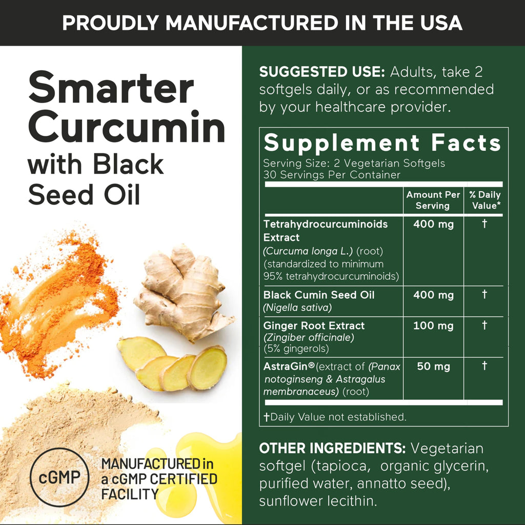 SMARTERNUTRITION Curcumin Softgels – Vegan High Absorption 400 mg with AstraGin, Black Seed Oil & Ginger | 180 Ct