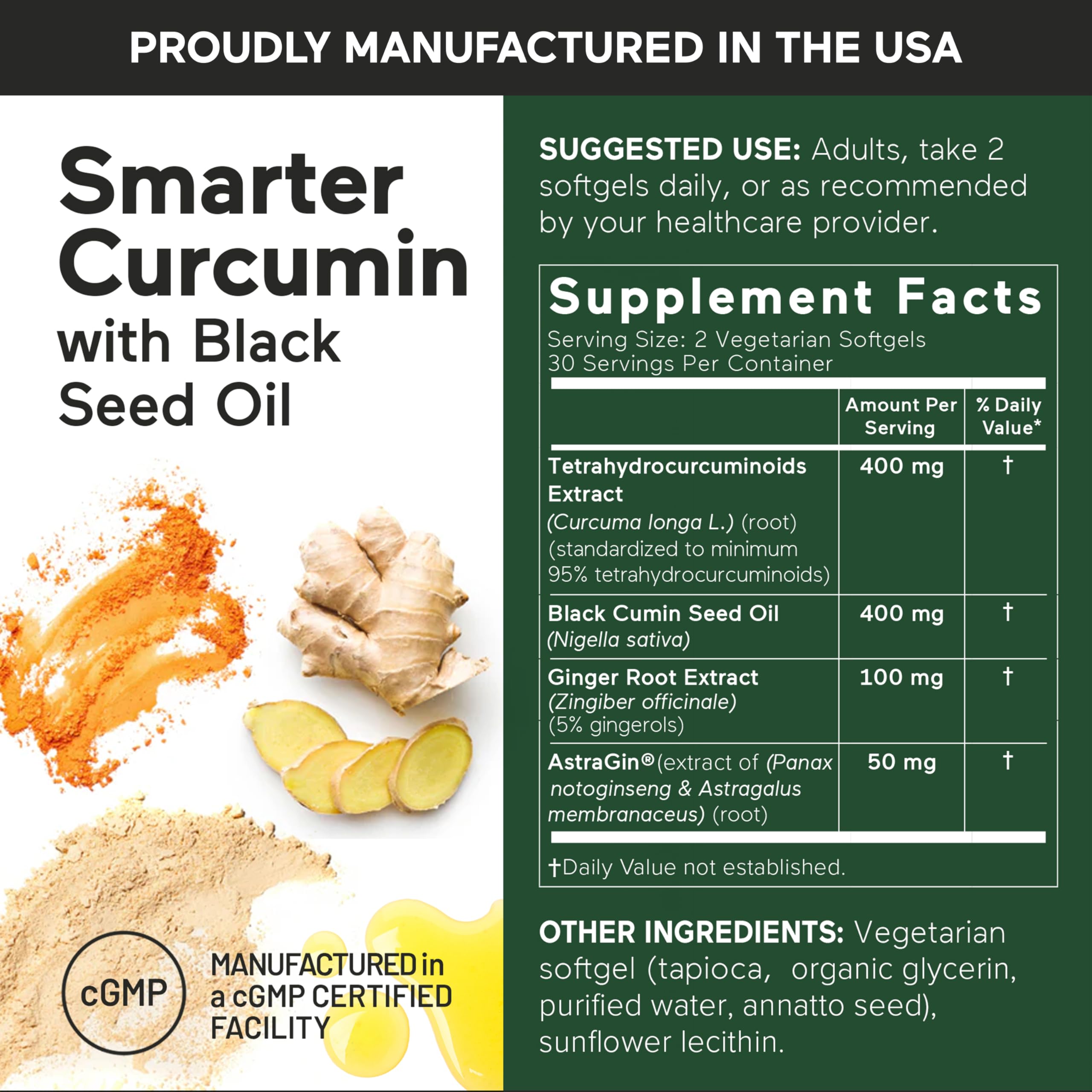 SMARTERNUTRITION Curcumin Softgels – Vegan High Absorption 400 mg with AstraGin, Black Seed Oil & Ginger | 180 Ct