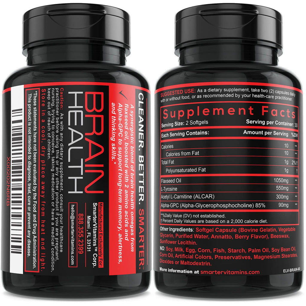 Smarter Brain Support Nootropic Supplement – Alpha-GPC, L-Tyrosine, ALCAR | 60 Softgels