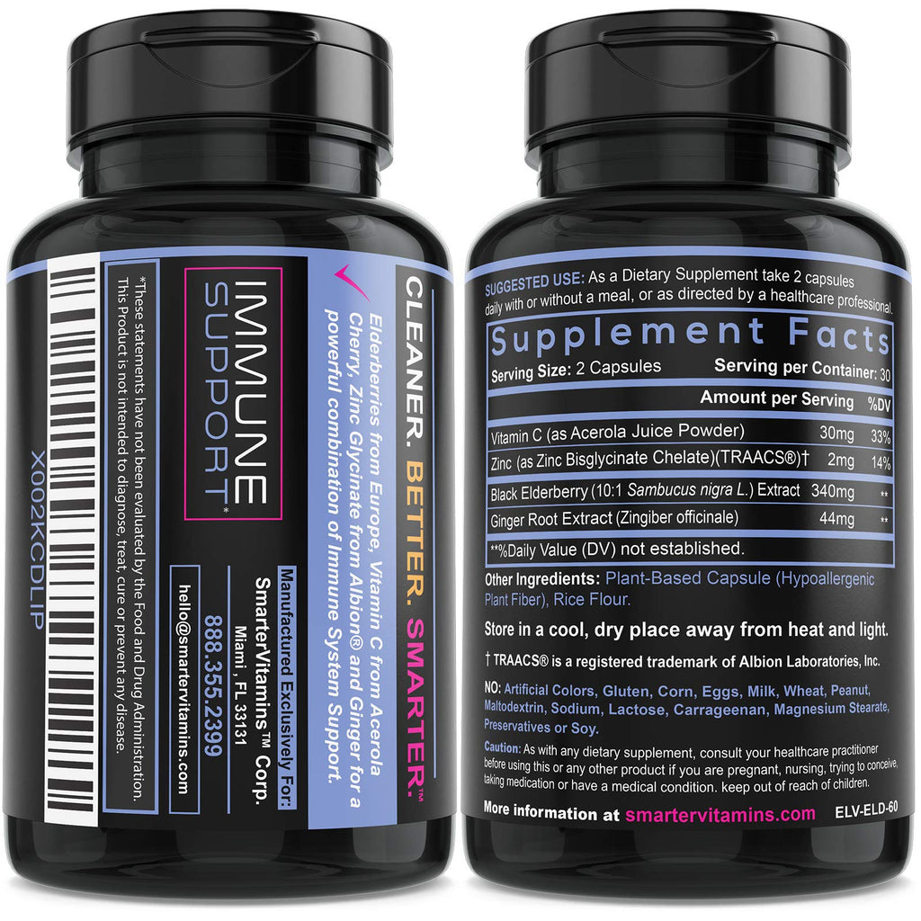 Smarter Elderberry Capsules with Vitamin C, Ginger & Zinc – 60 Vegan Pills