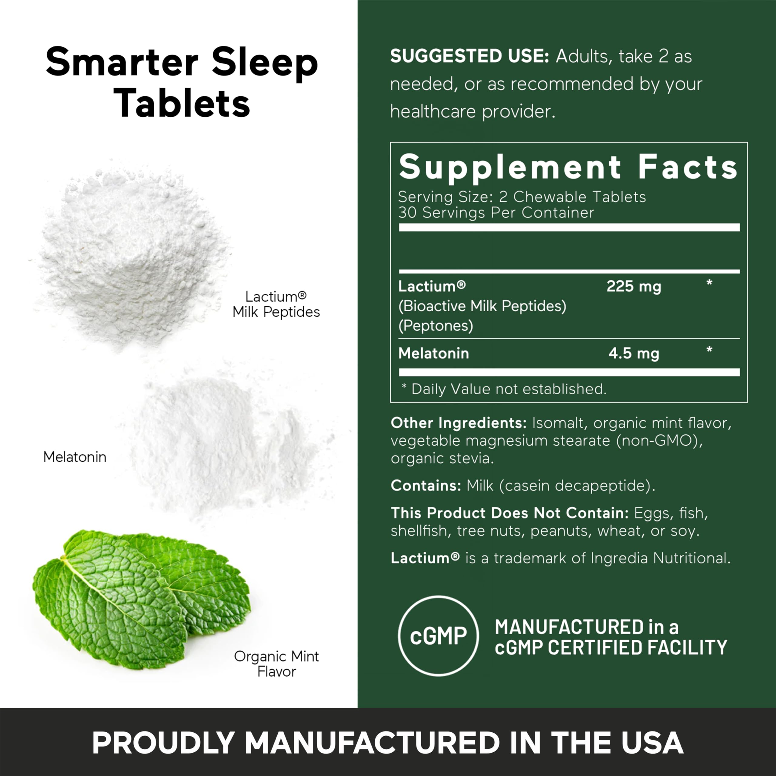 Smarter Sleep Melatonin 4.5mg + Lactium® Dissolvable Tablets – Mint Flavor, Non-GMO, 180 Count (90-Day Supply)