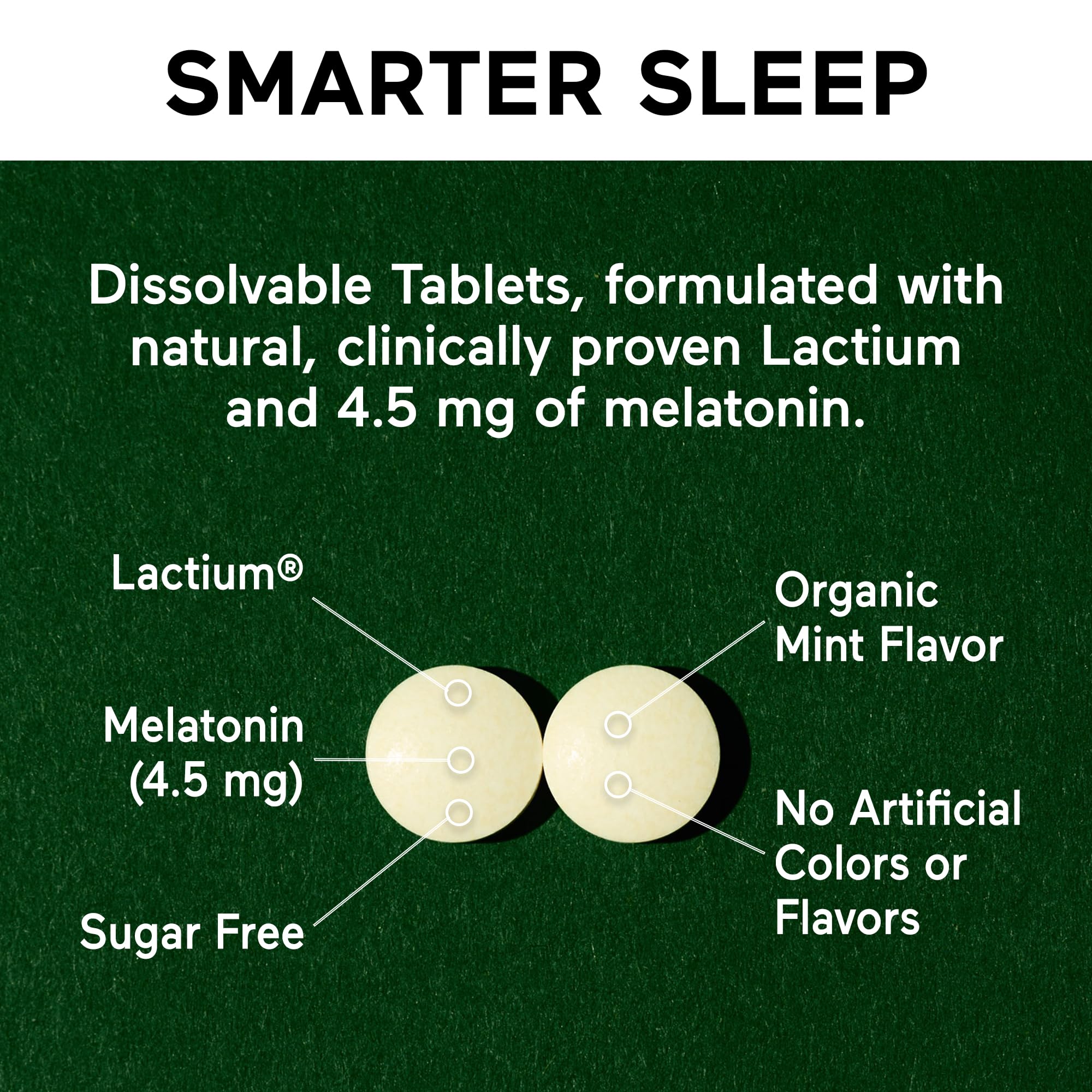 Smarter Sleep Melatonin 4.5mg + Lactium® Dissolvable Tablets – Mint Flavor, Non-GMO, 180 Count (90-Day Supply)