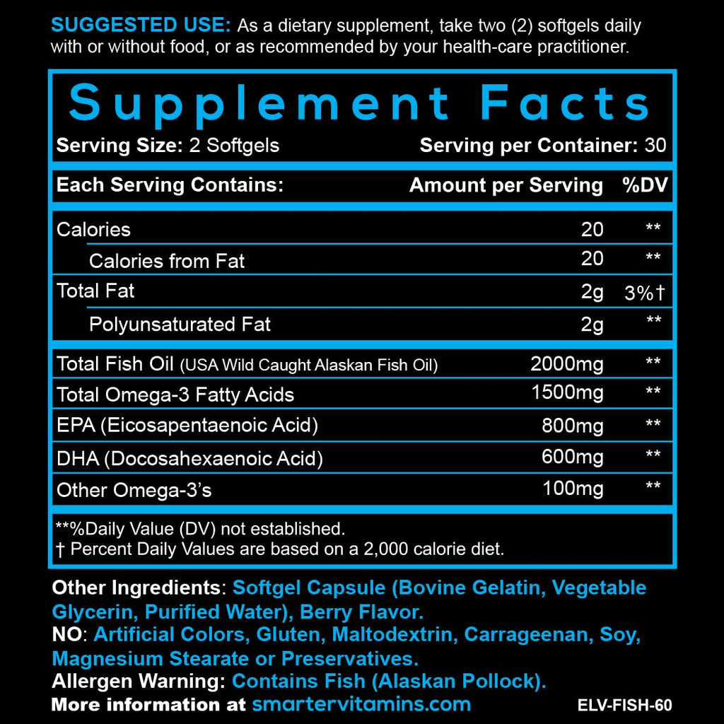 SmarterVitamins Omega-3 3-Pack: Berry Flavor Burpless Softgels, 2000mg DHA EPA (AlaskOmega)