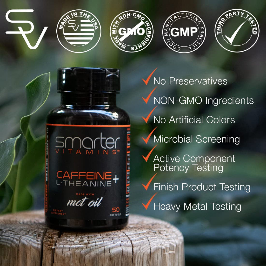 SmarterVitamins 3-Pack Caffeine Pills with L-Theanine & MCT Oil | Extended-Release Energy & Focus