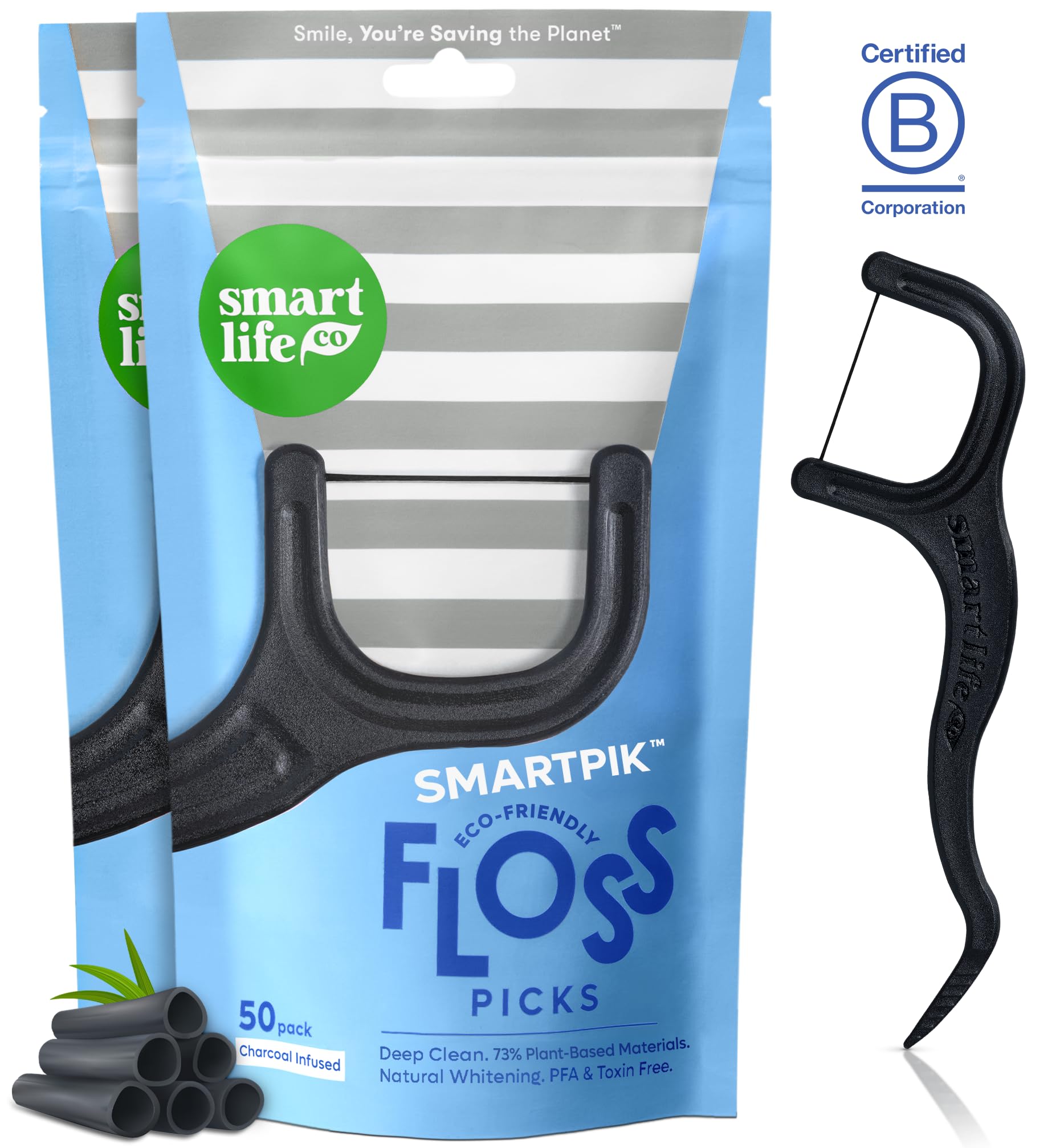 SmartLifeco Eco-Friendly Dental Floss Picks (100ct) – Straw Wheat Blend & Activated Bamboo Charcoal