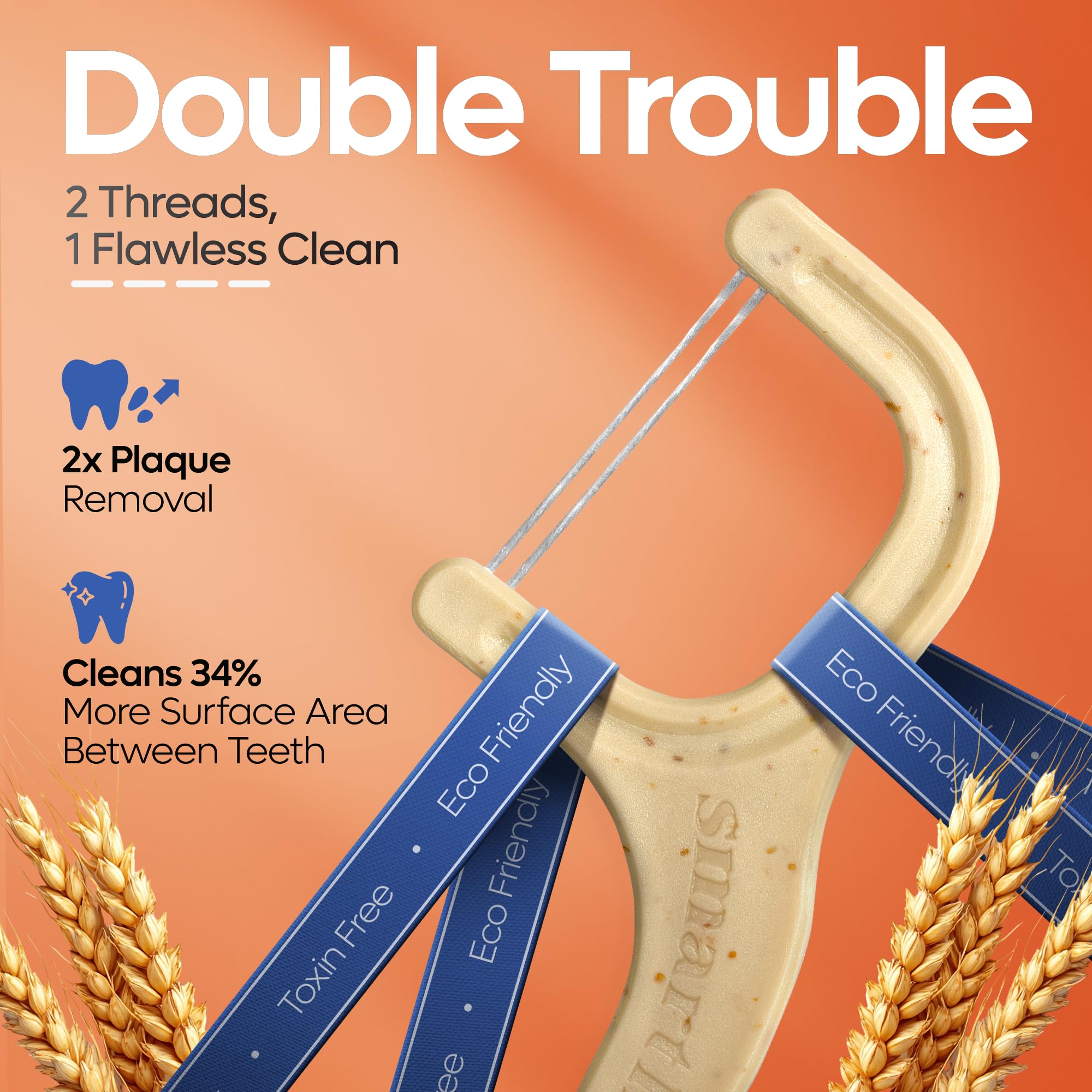 SmartLifeco Straw-Wheat Dual-Thread Dental Floss Picks 200ct