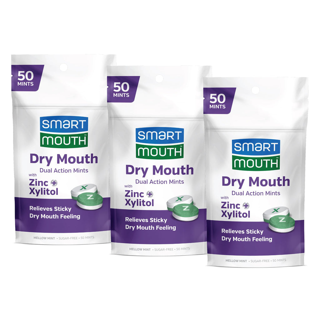 SmartMouth Dry Mouth Dual-Action Mints – Sugar-Free Breath Mints (50 Count, 3 Pack) | Mellow Mint
