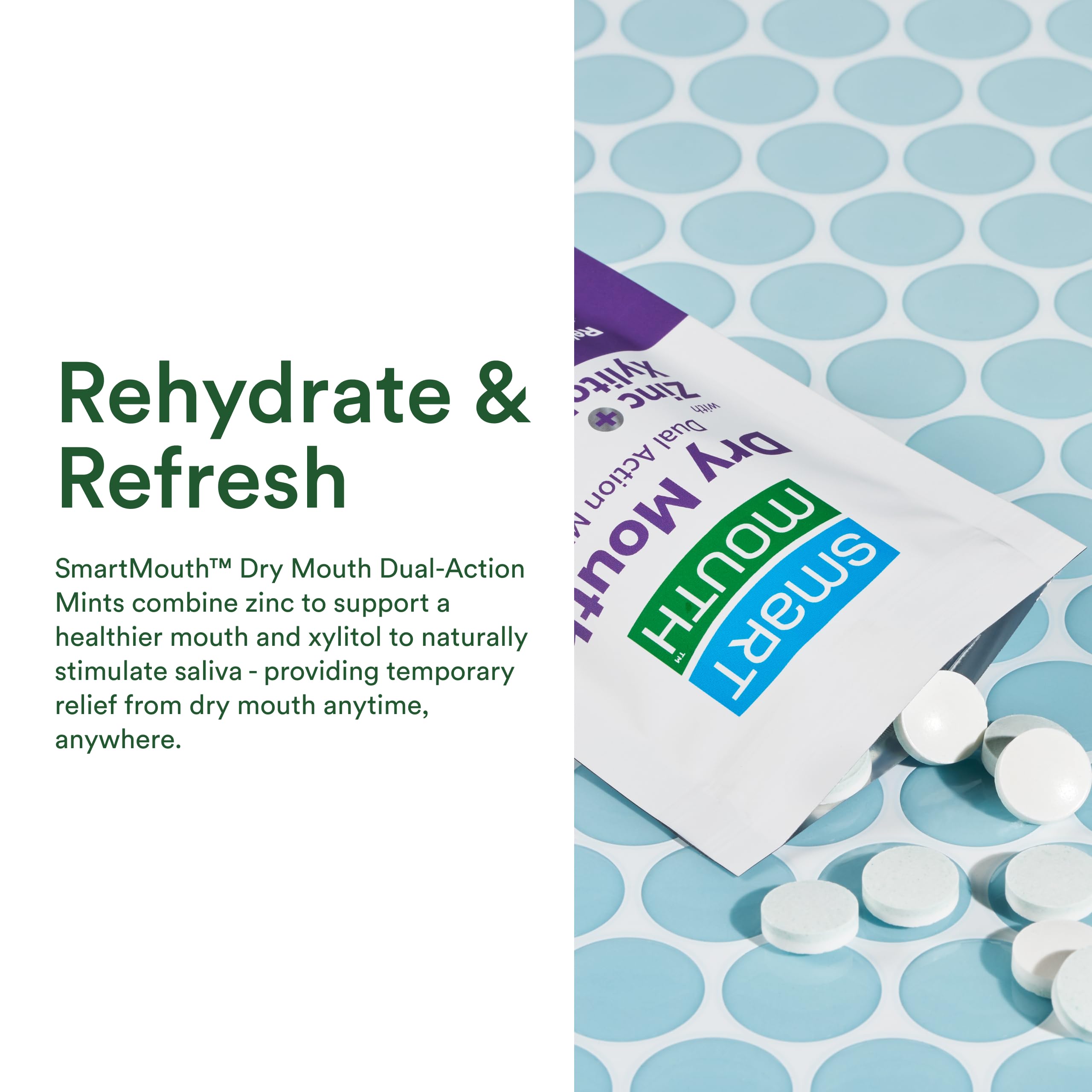 SmartMouth Dry Mouth Dual-Action Mints - Sugar-Free Breath (Mellow Mint), 50 Count, 8 Pack