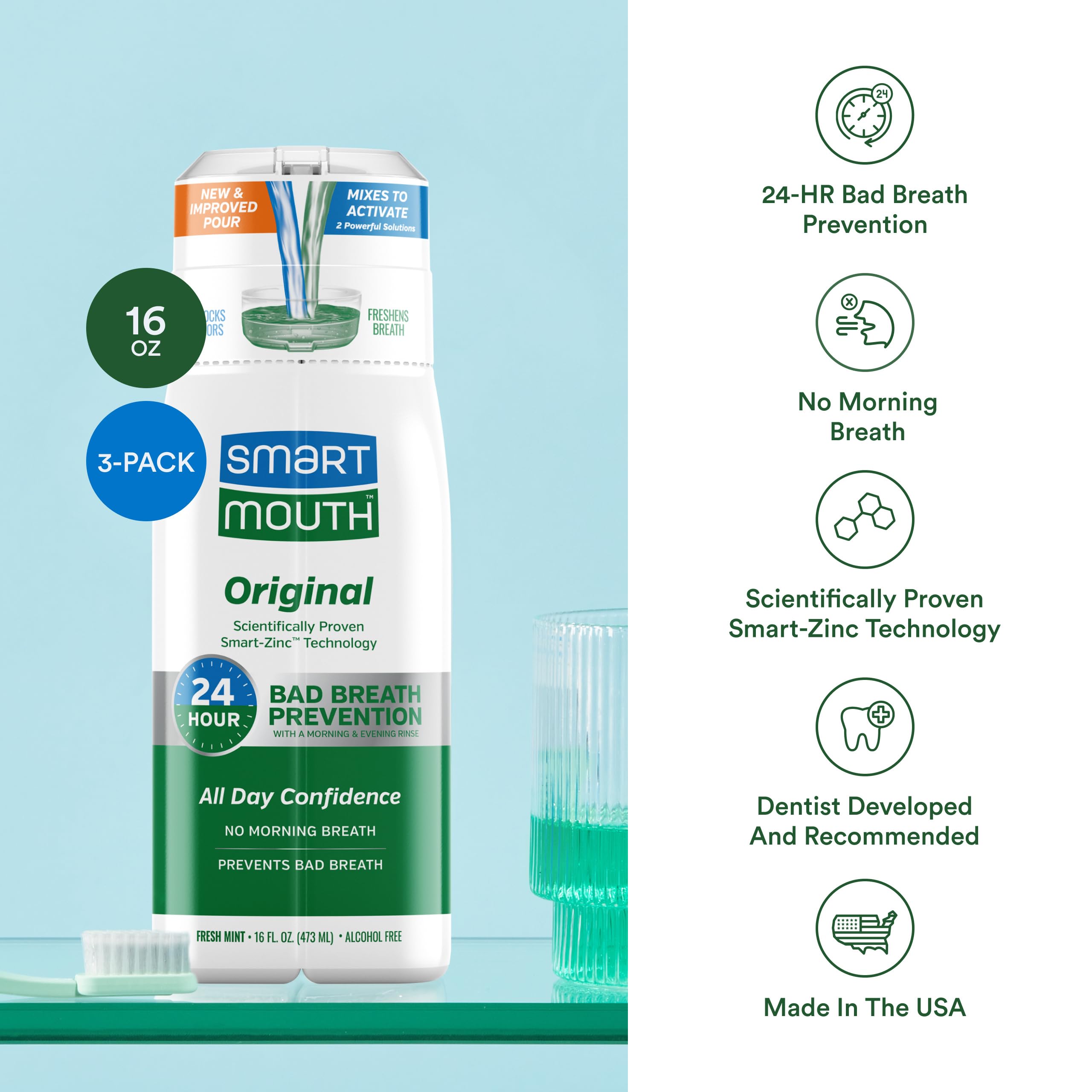 SmartMouth Original Activated Mouthwash – 24-Hour Fresh Breath Mint (16 oz, 3 Pack)