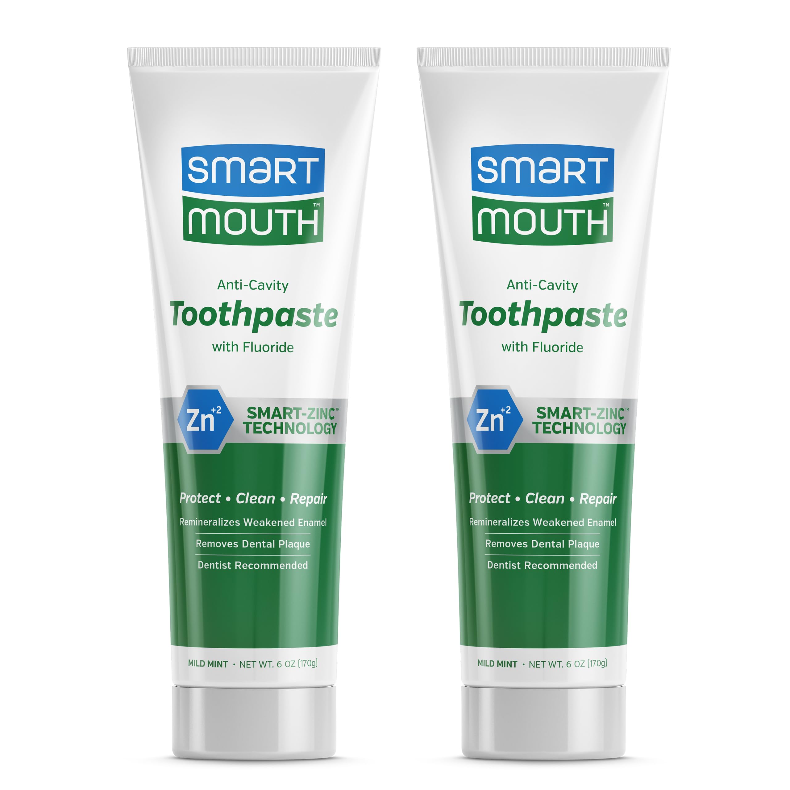 SmartMouth Premium Zinc Ion Toothpaste – Whitening, Fluoride, 6 oz 2-Pack – Anti-Cavity & Enamel Strengthening, Mild Mint
