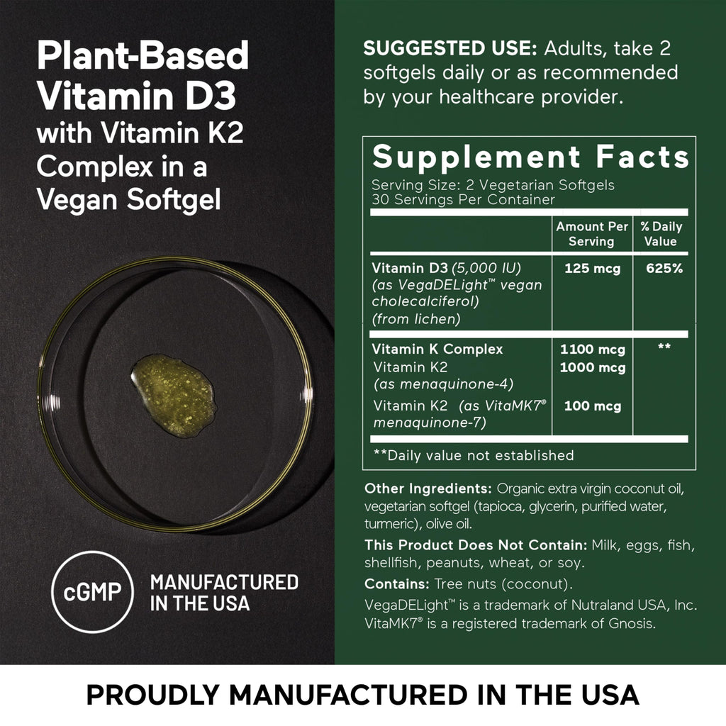 SMARTERNUTRITION Vegan Vitamin D3 5000 IU + Vitamin K2 1100 mcg – Organic Coconut & Olive Oil Softgels (180) 90 Day Supply