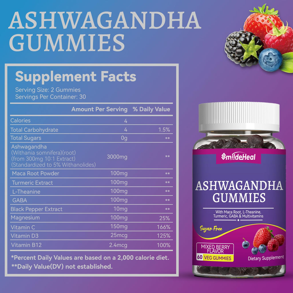 SmildeHeal Ashwagandha Gummies 3000mg – Stress Relief, Immune Support & Energy (60 Count)