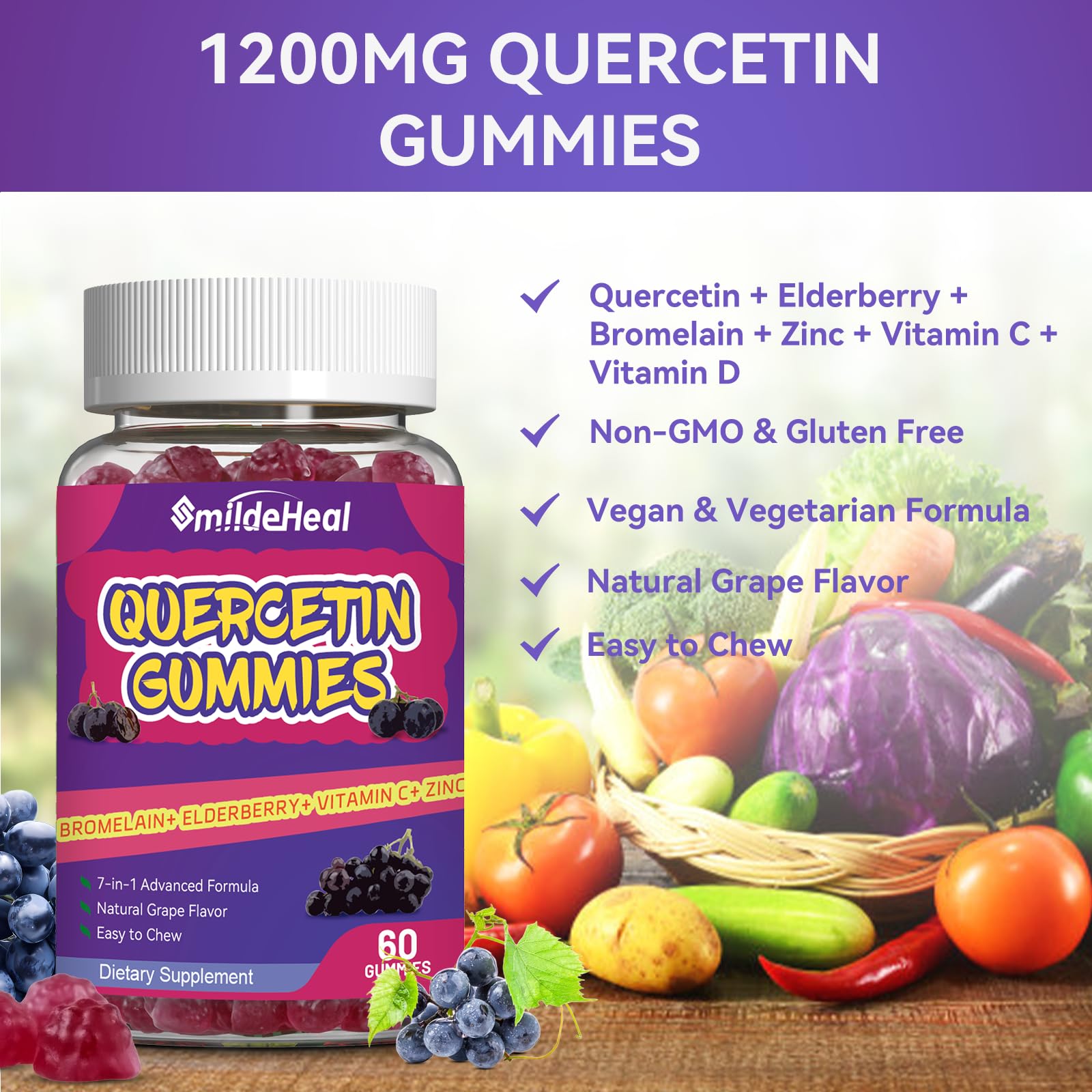 SmildeHeal 2 Pack Quercetin Gummies 1200MG – Vegan Immune Support