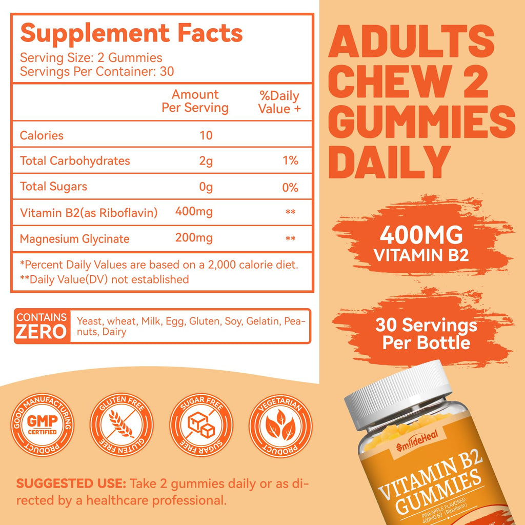 SmildeHeal Vitamin B2 Gummies - Migraine Relief, Nervous System Support, Vegan (60 Count)