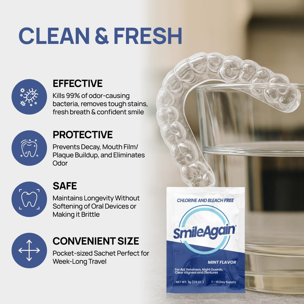 SmileAgain Retainer Cleaner – 180-220 Cleanings, 22-Pack Mint for Dentures, Aligners & Mouth Guards