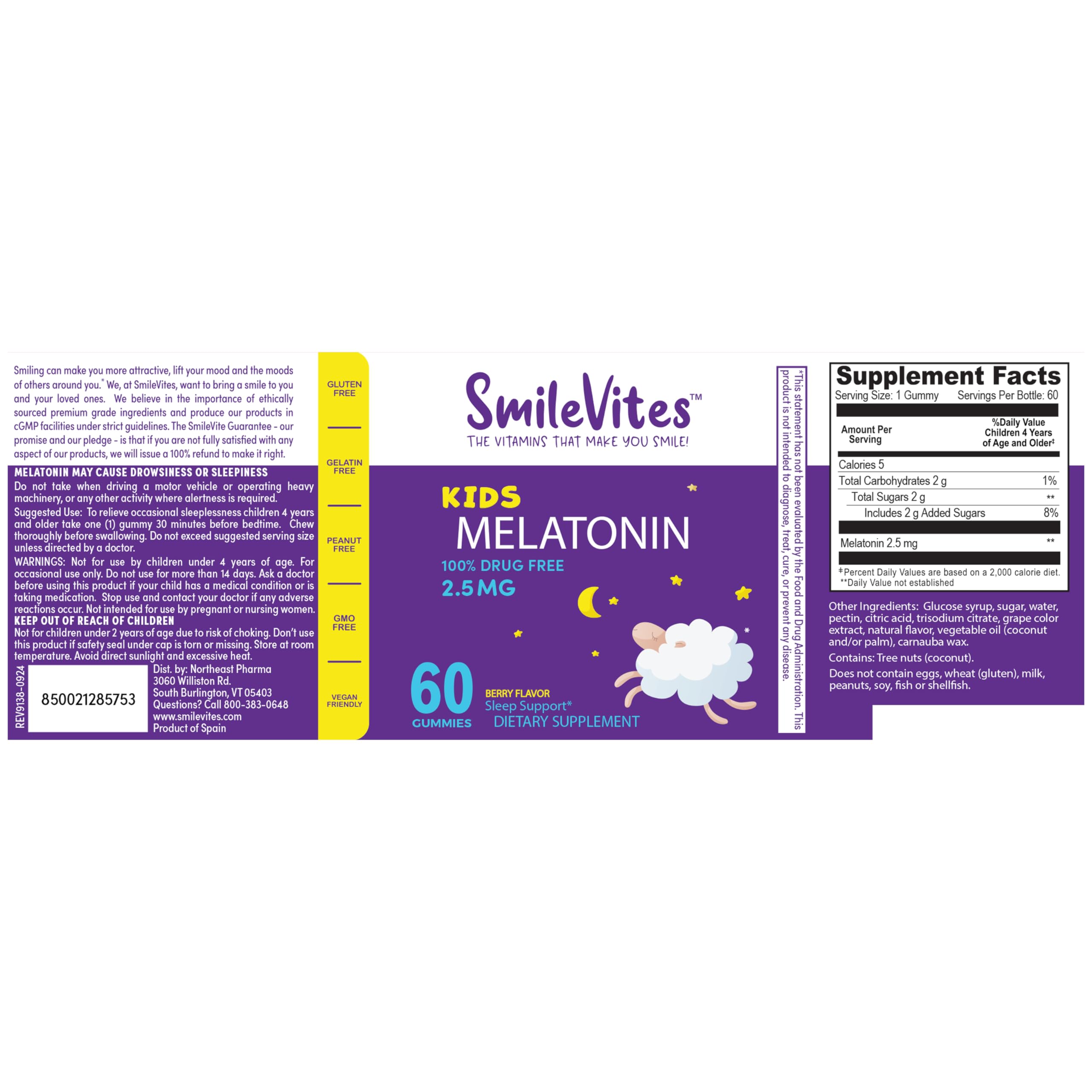 SmileVites Children's Melatonin Gummies 2.5mg – 60 Count