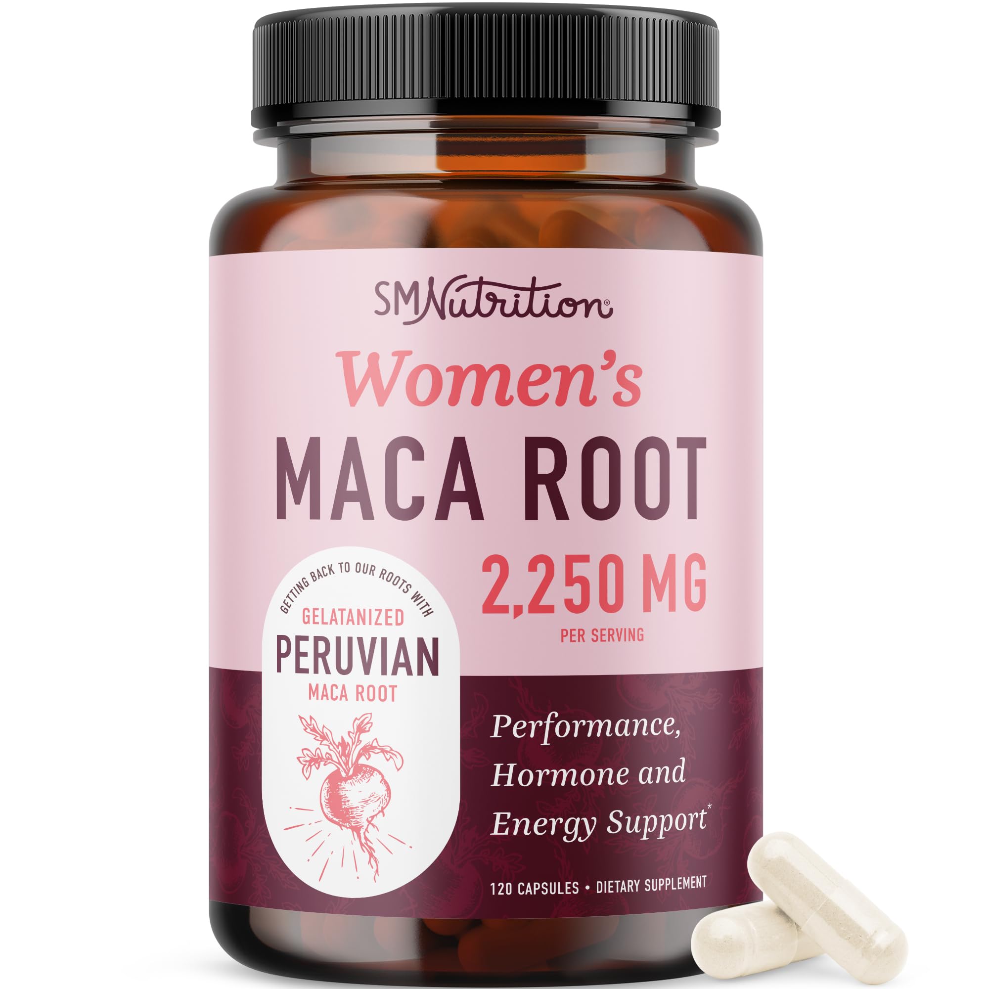 SMNutrition Organic Maca Root Capsules for Women | 2250MG Extra Strength Peruvian Maca + Black Pepper | 120 Ct