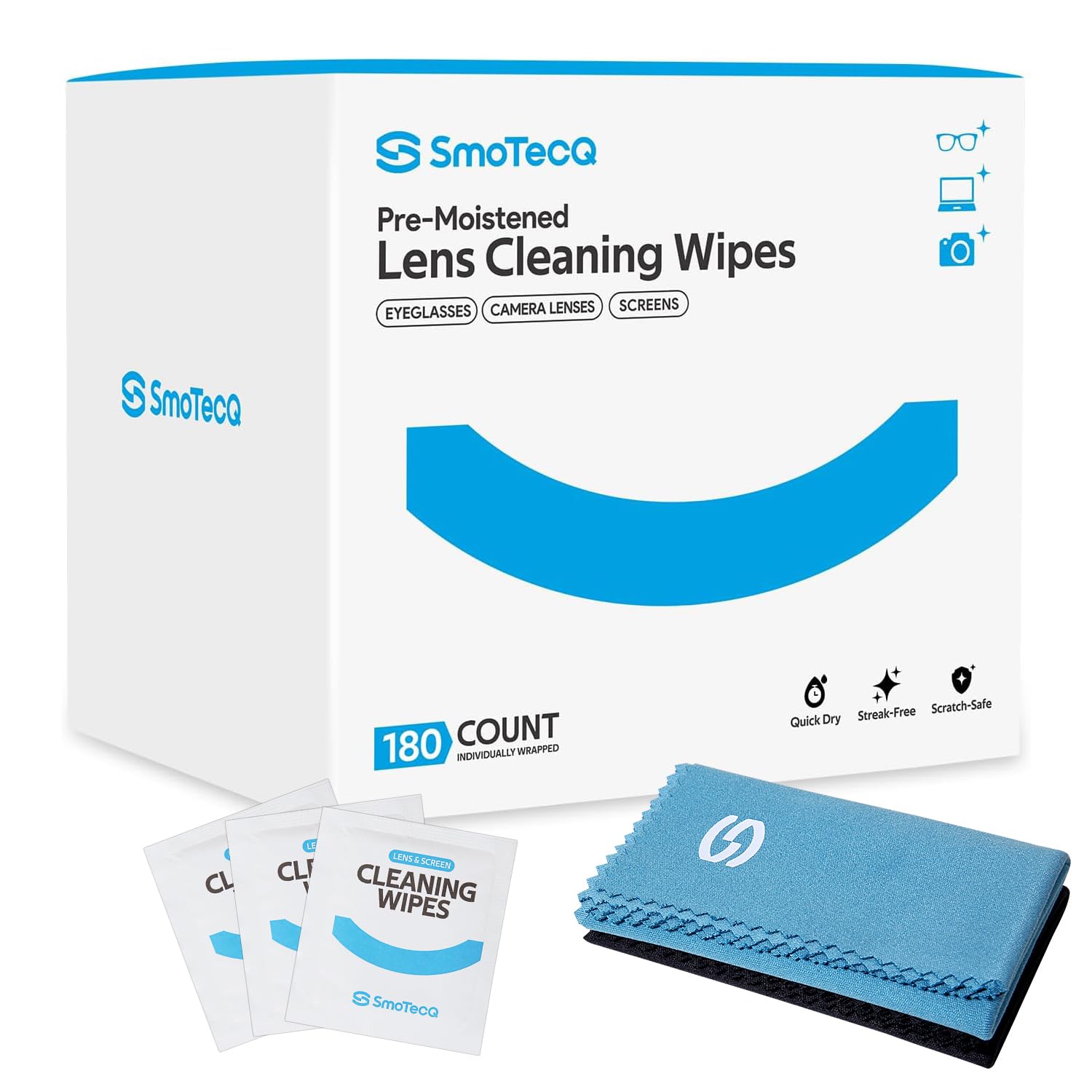 SmoTecQ Eyeglass Cleaning Wipes Kit – 180 Wipes + 2 Microfiber Cloths
