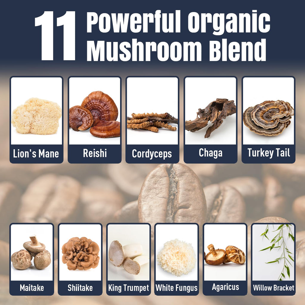 Mushroom Coffee – 11 Superfood Mushrooms with Lion’s Mane, Reishi, Chaga & Ashwagandha | Organic Instant Coffee, Low Caffeine & Sugar Free (5.3oz)