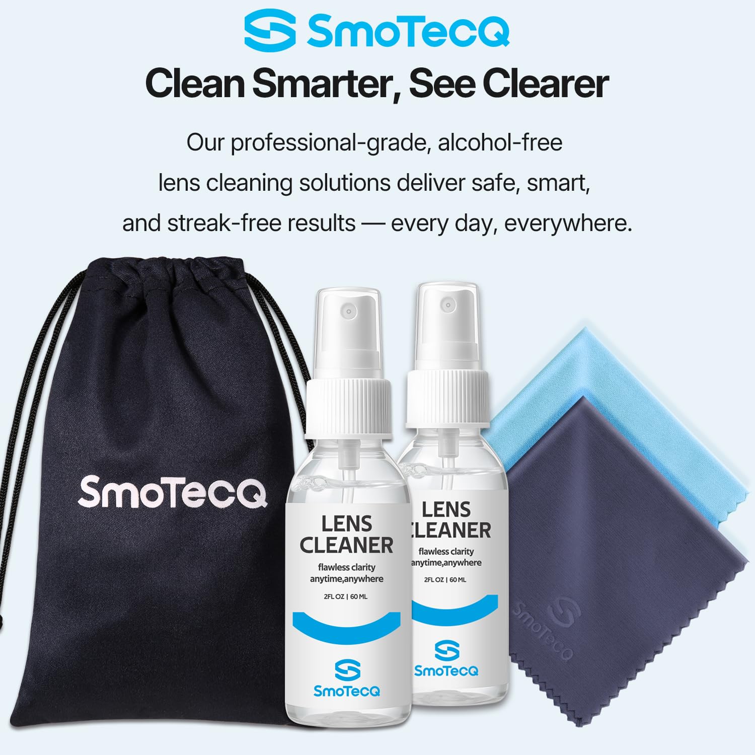 SmoTecQ Glasses Cleaner Kit – Alcohol-Free Spray & Microfiber Cloths