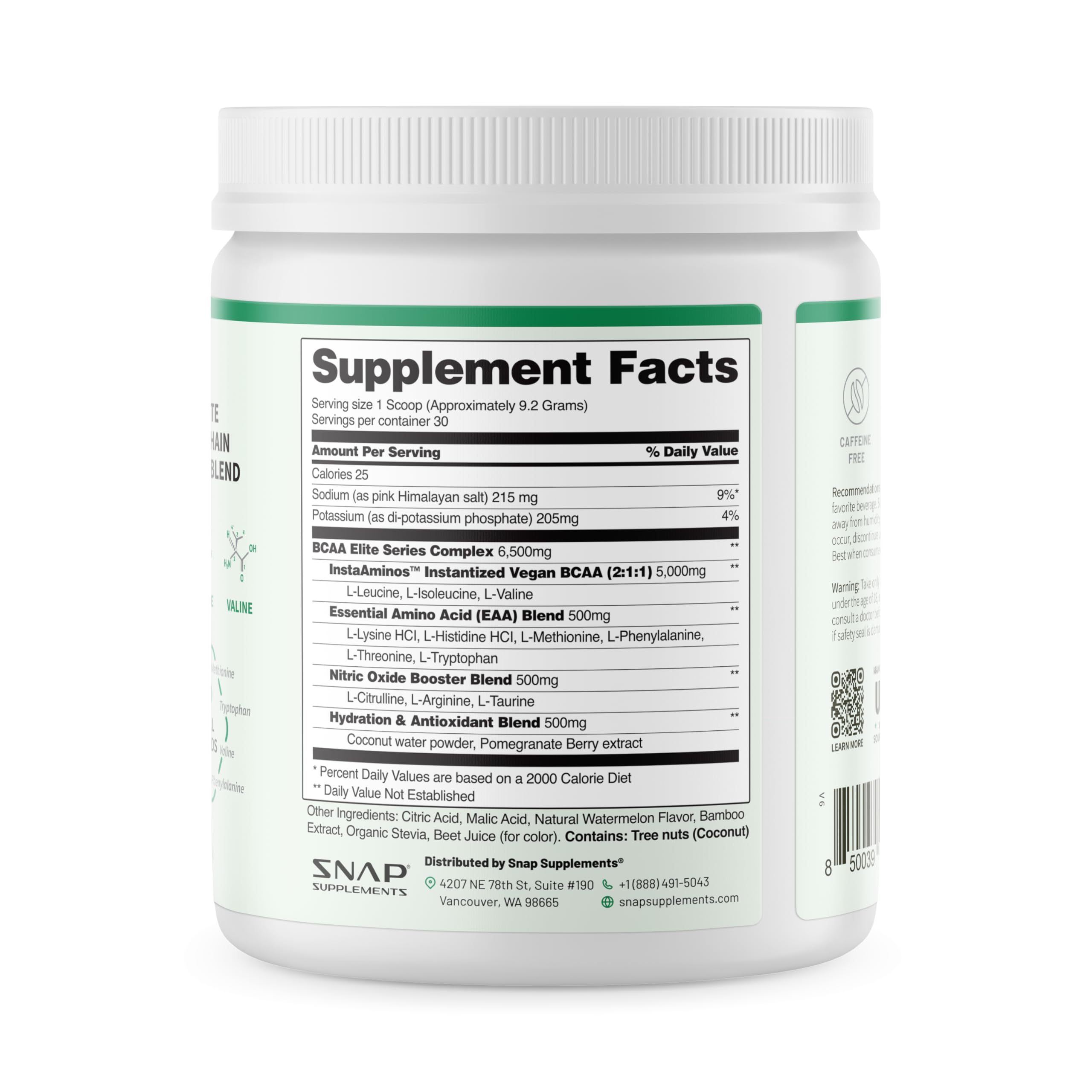 Snap BCAA Powder – Essential Amino Energy, Nitric Oxide Booster, Watermelon (30 Servings)