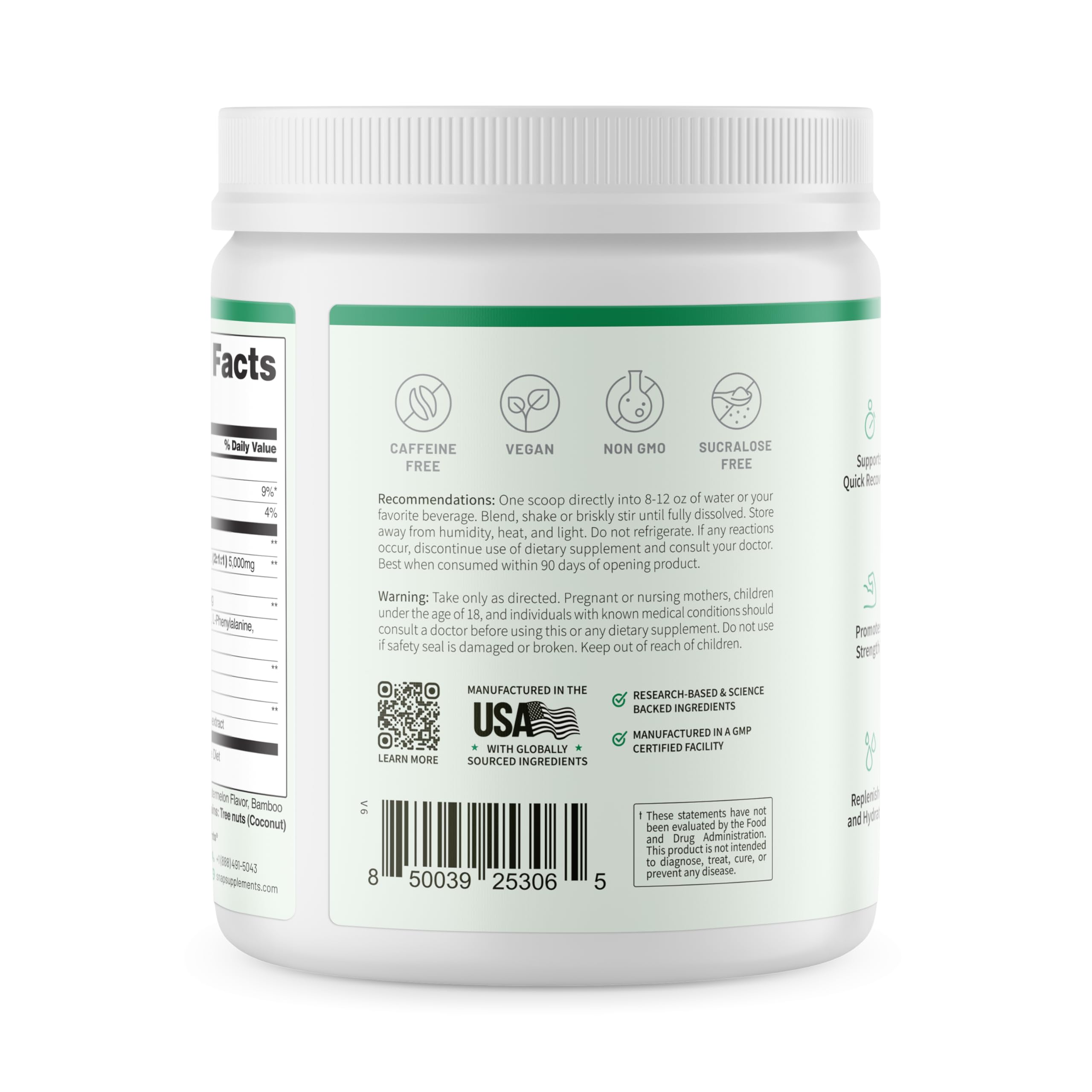 Snap BCAA Powder – Essential Amino Energy, Nitric Oxide Booster, Watermelon (30 Servings)