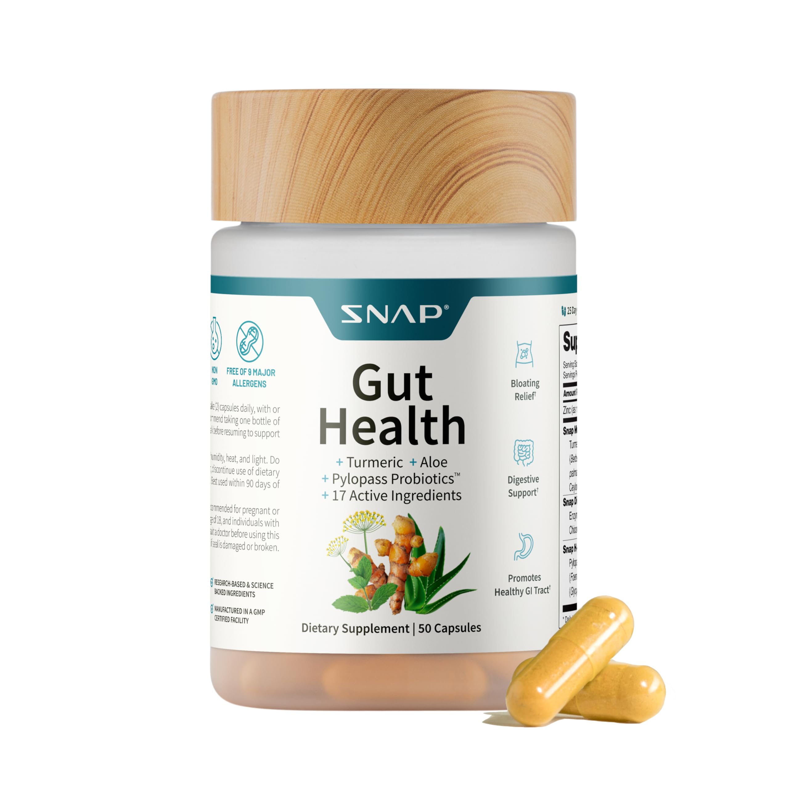 SNAP Gut Health Supplement — Turmeric, Aloe & Pylopass Probiotics | 50 Caps
